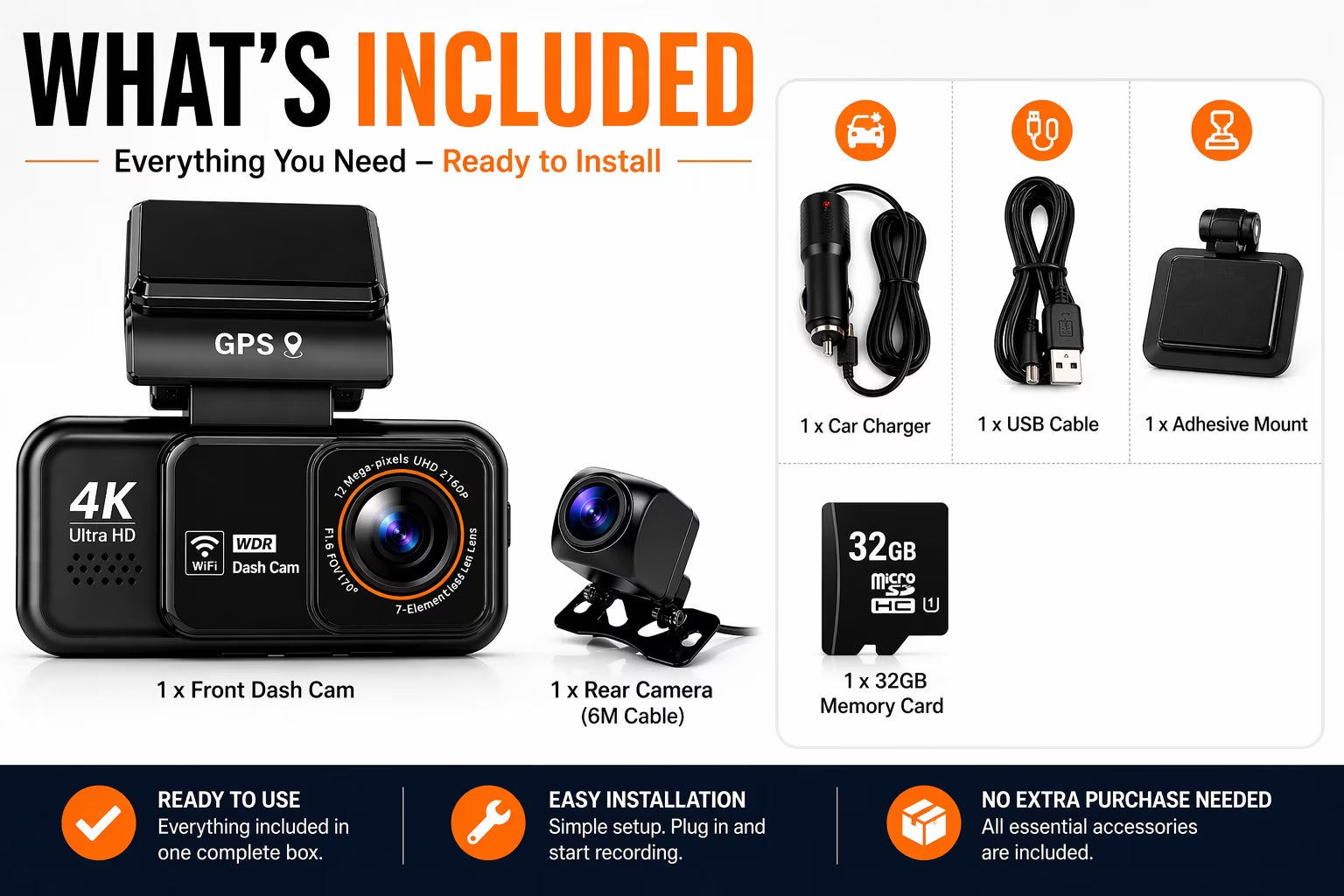 4K Dash Cam Front & 2K Rear, Wifi GPS, Night Vision, Parking Mode, Loop Recording, Memory Card Included