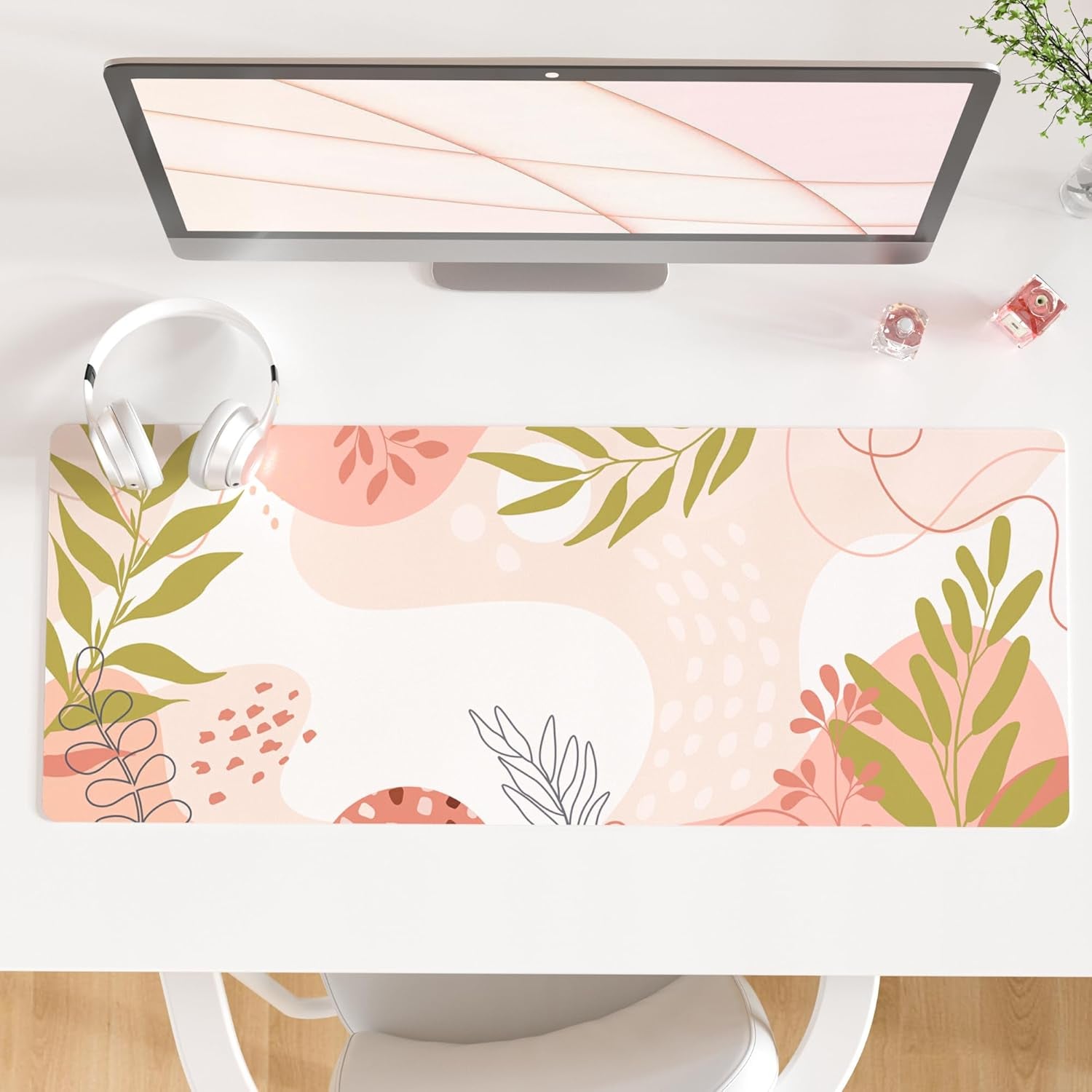 QIYI White Mouse Pad, Cute Marble Large Desk Mat, PU Leather Desk Protector Mousepad, Gold Grey Striped Waterproof Computer Keyboard Gaming Mouse Pads, Non Slip Extended Writing Pad 31.5" X 15.7"