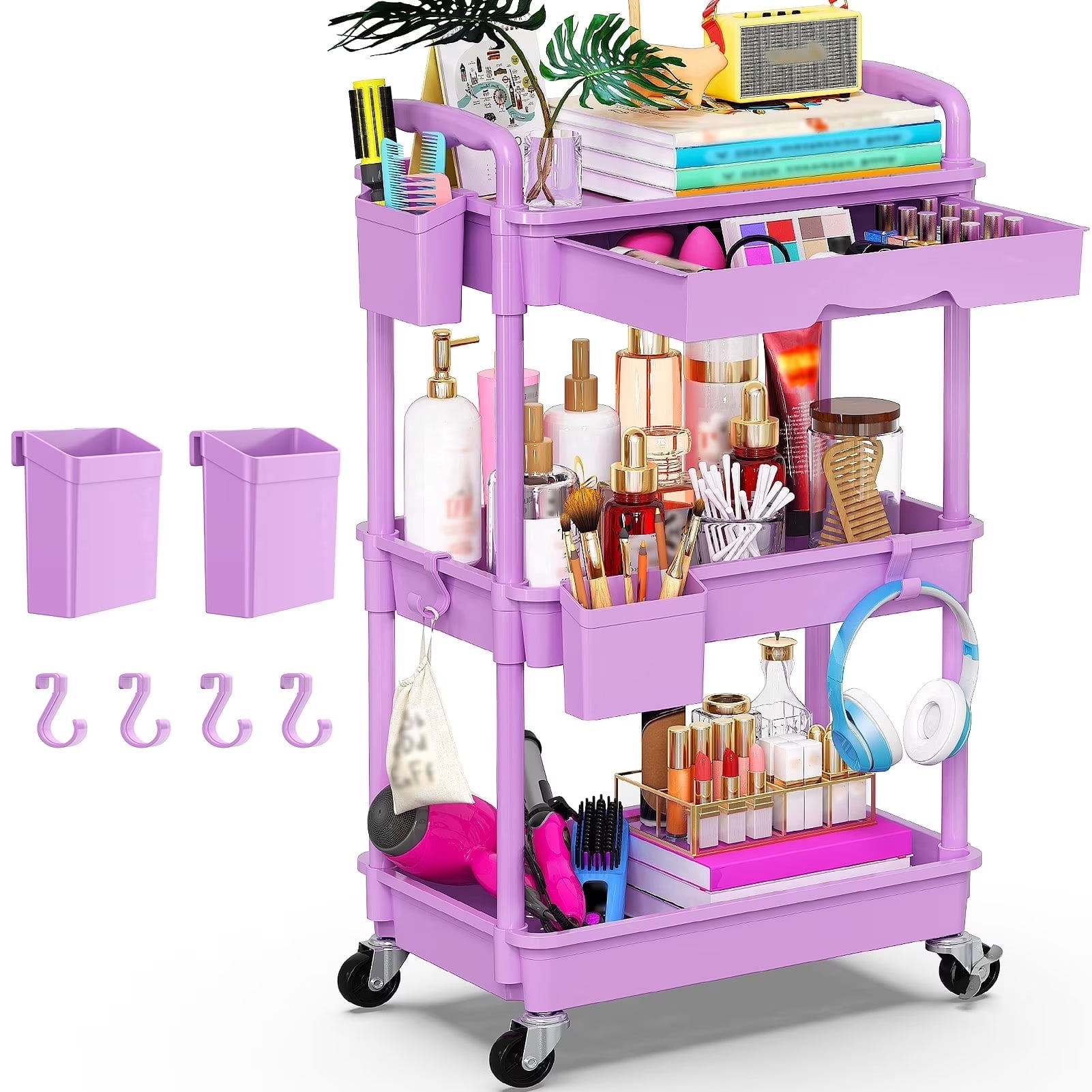 Yeabett 4 Tier Rolling Utility Cart Organizer with Removable Drawer, Mobile Storage Carts with 2 Lockable Wheels for Bathroom, Kitchen, Snack, Craft, Makeup, Baby Essentials, White