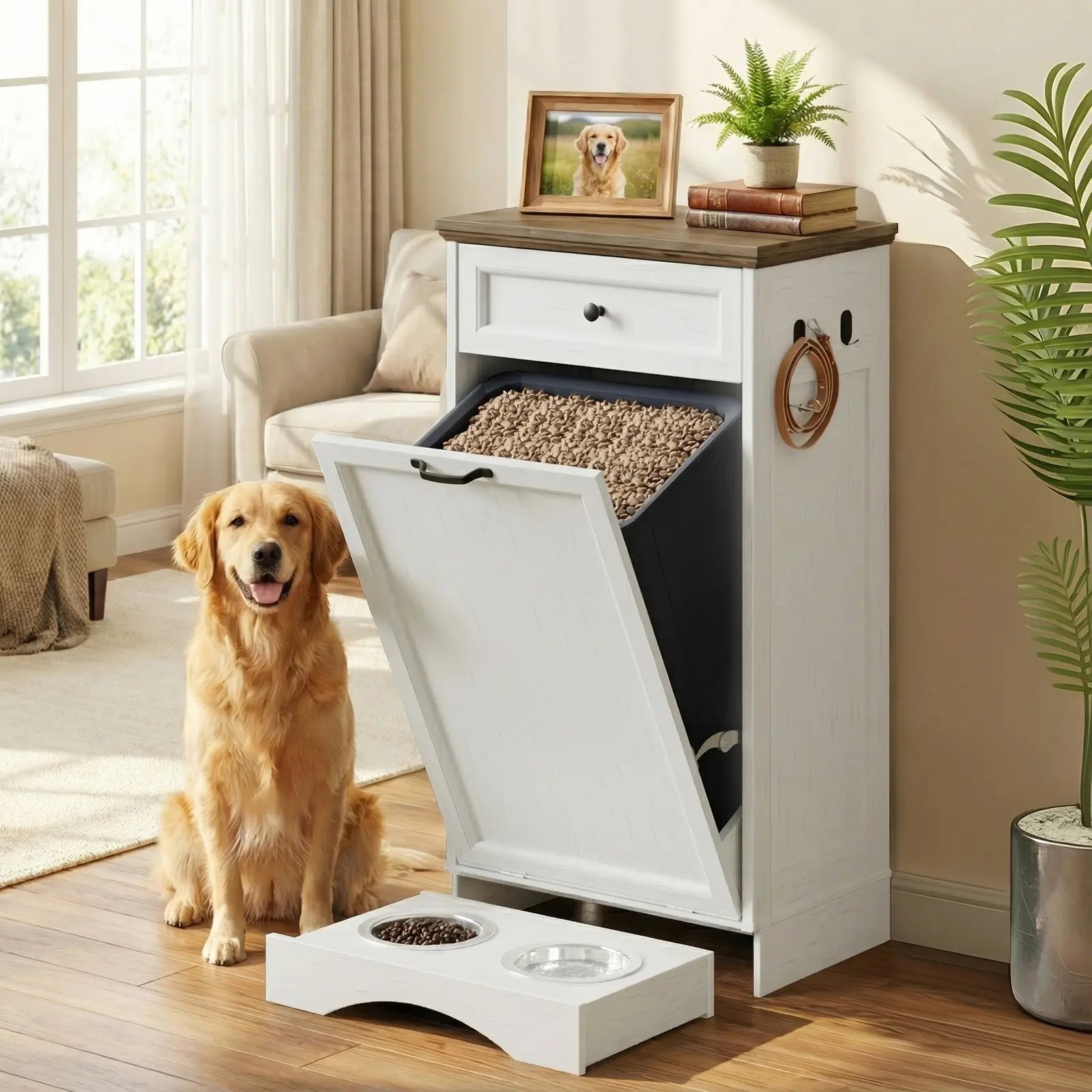 Elevated Dog Feeding Station with Tilt-Out Food Cabinet and Drawer for Pet Feeding and Kitchen Storage