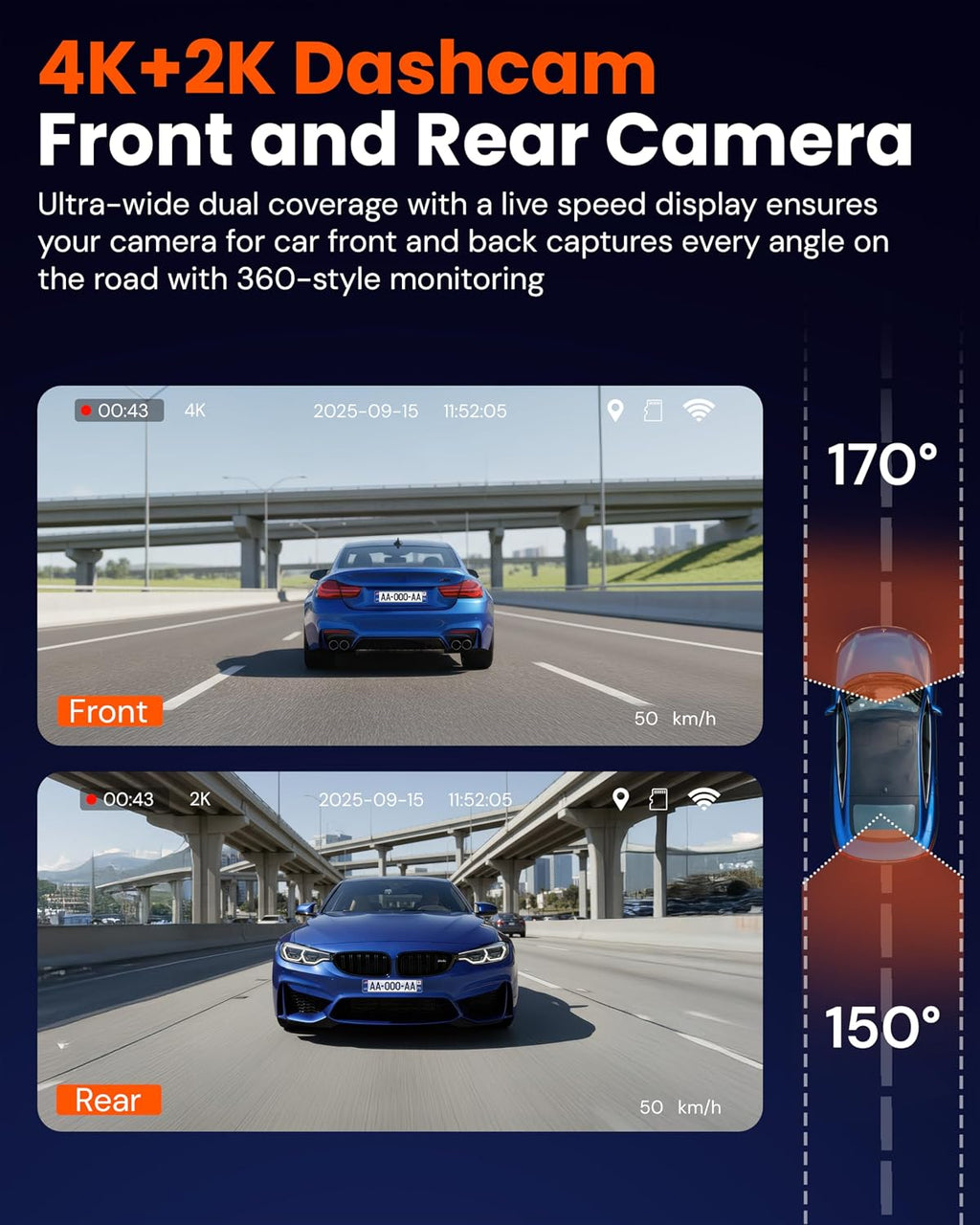 TORVO TD3 4K+2K Dash Cam with App, Camera for Car Front and Back with 5G Wifi & GPS, Free 64GB Card, Night Vision Dashcam Front Cameras 24/7 Recording When Car Is Off, Security Camera for Cars