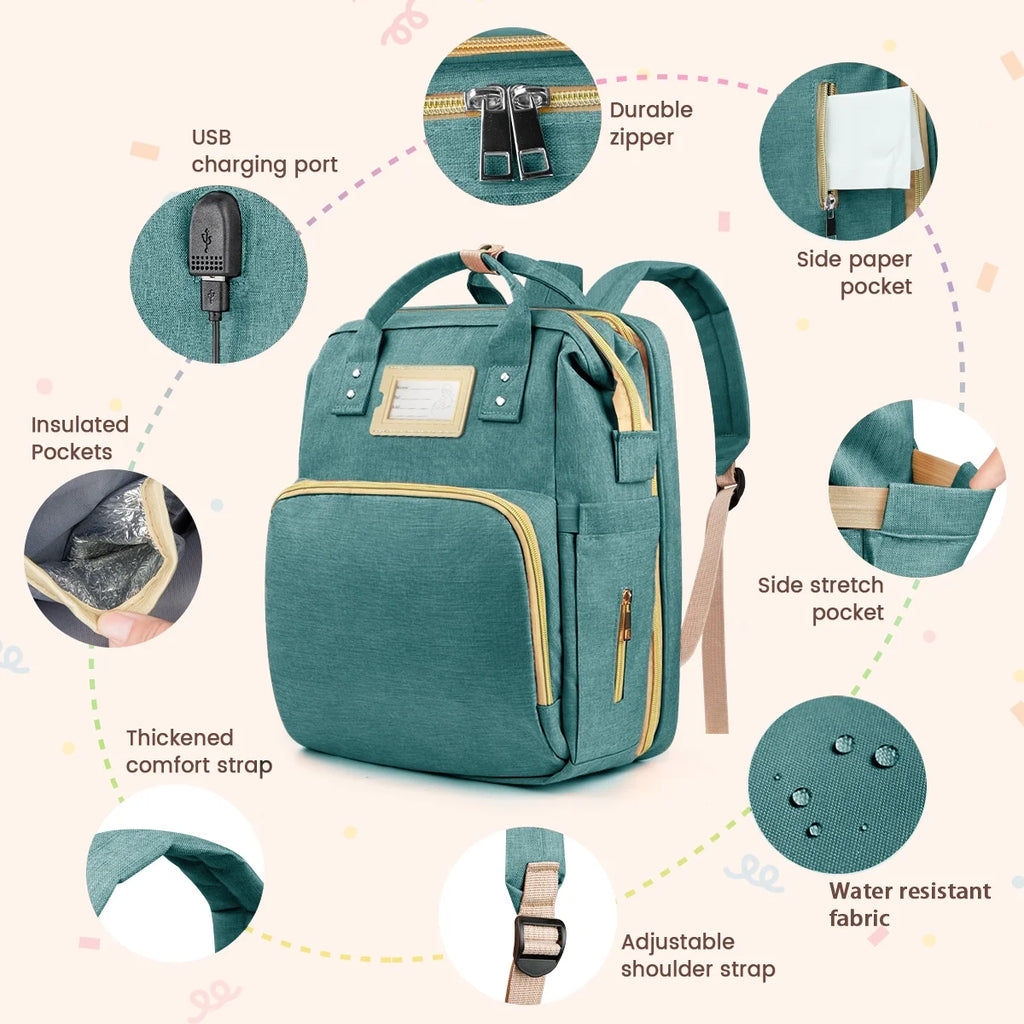GPED Multifunctional Diaper Bag Backpack with Changing Station & Insulated Pockets, Green
