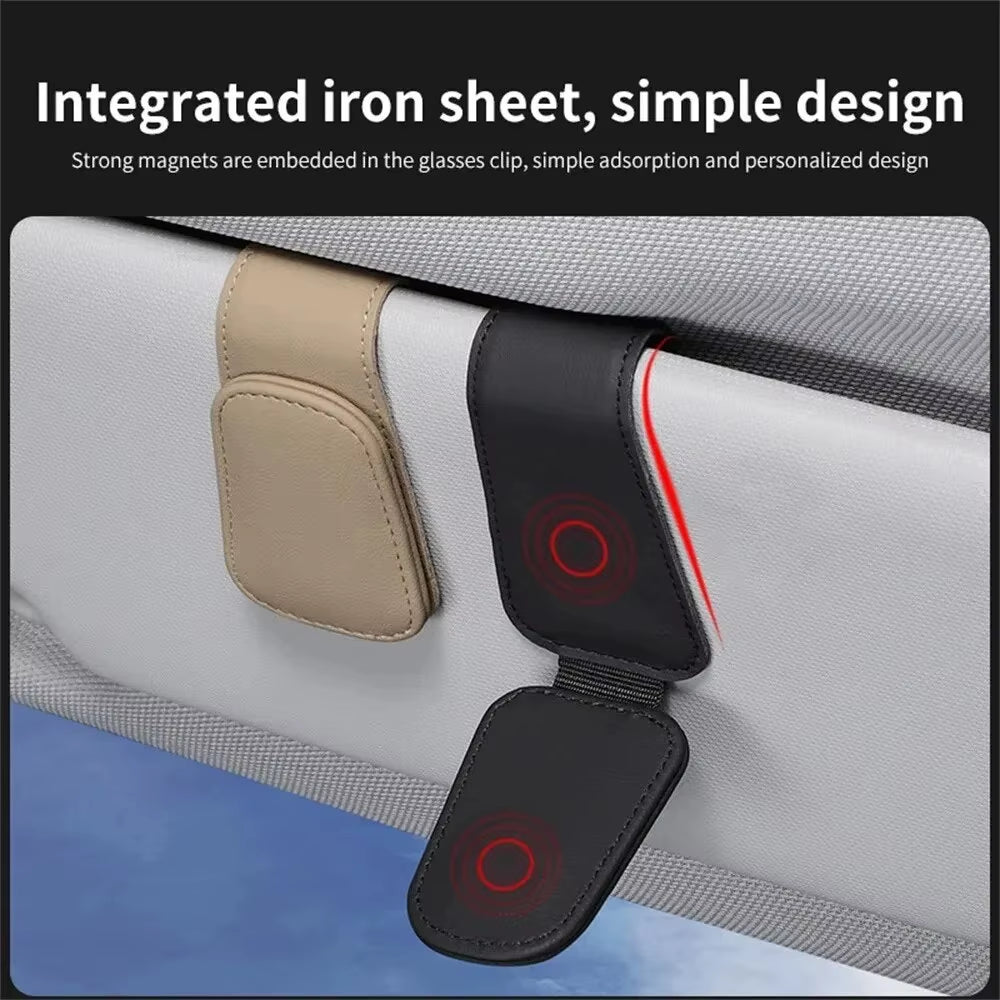 Premium Universal Car Sun Visor Eyeglass Hanger Clip - Magnetic Leather Glasses Holder & Multi-Function Storage Solution