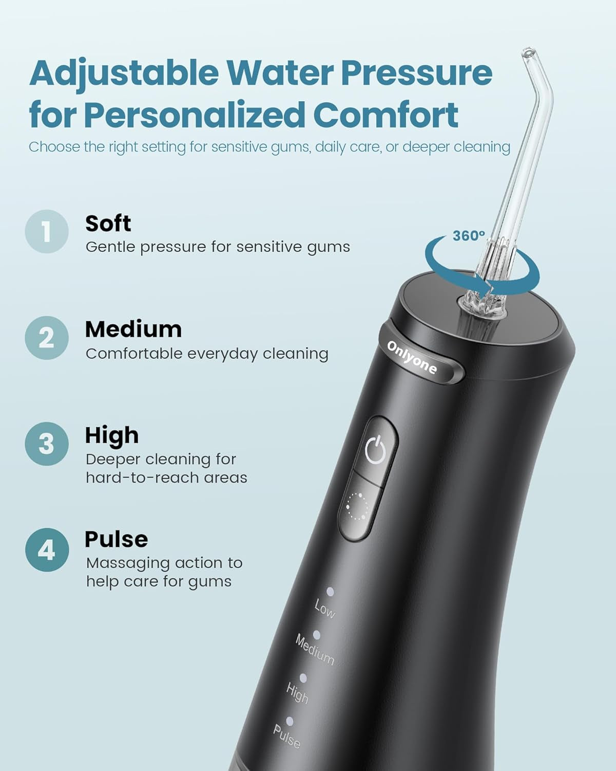 Onlyone Rechargeable Cordless Water Flosser with Adjustable Water Pressure for Daily Oral Care, Power Dental Flosser for Home and Travel Use, Portable Oral Irrigator for Sensitive Gums and Braces Care