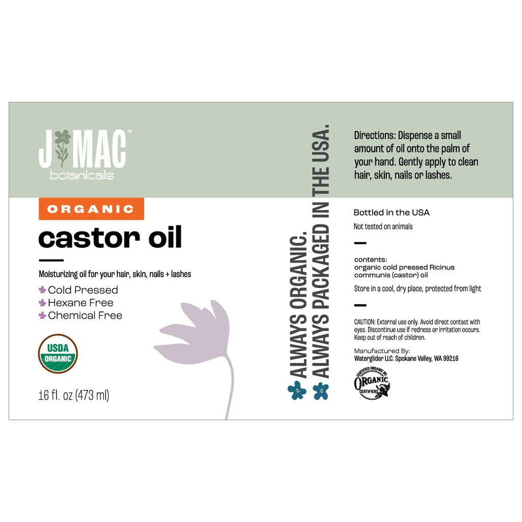 J MAC BOTANICALS USDA Certified Organic Cold Pressed Castor Oil - 16 Oz Amber Glass Bottle for Ultimate Moisture for Hair, Skin, Face, Eyelashes, Brows, and Nails - Hexane Free