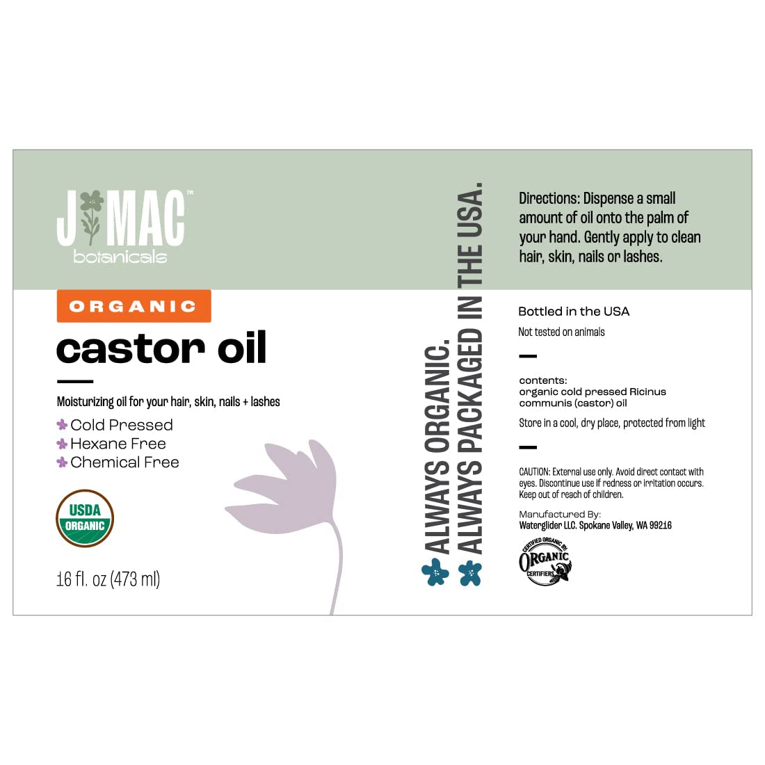 J MAC BOTANICALS USDA Certified Organic Cold Pressed Castor Oil - 16 Oz Amber Glass Bottle for Ultimate Moisture for Hair, Skin, Face, Eyelashes, Brows, and Nails - Hexane Free