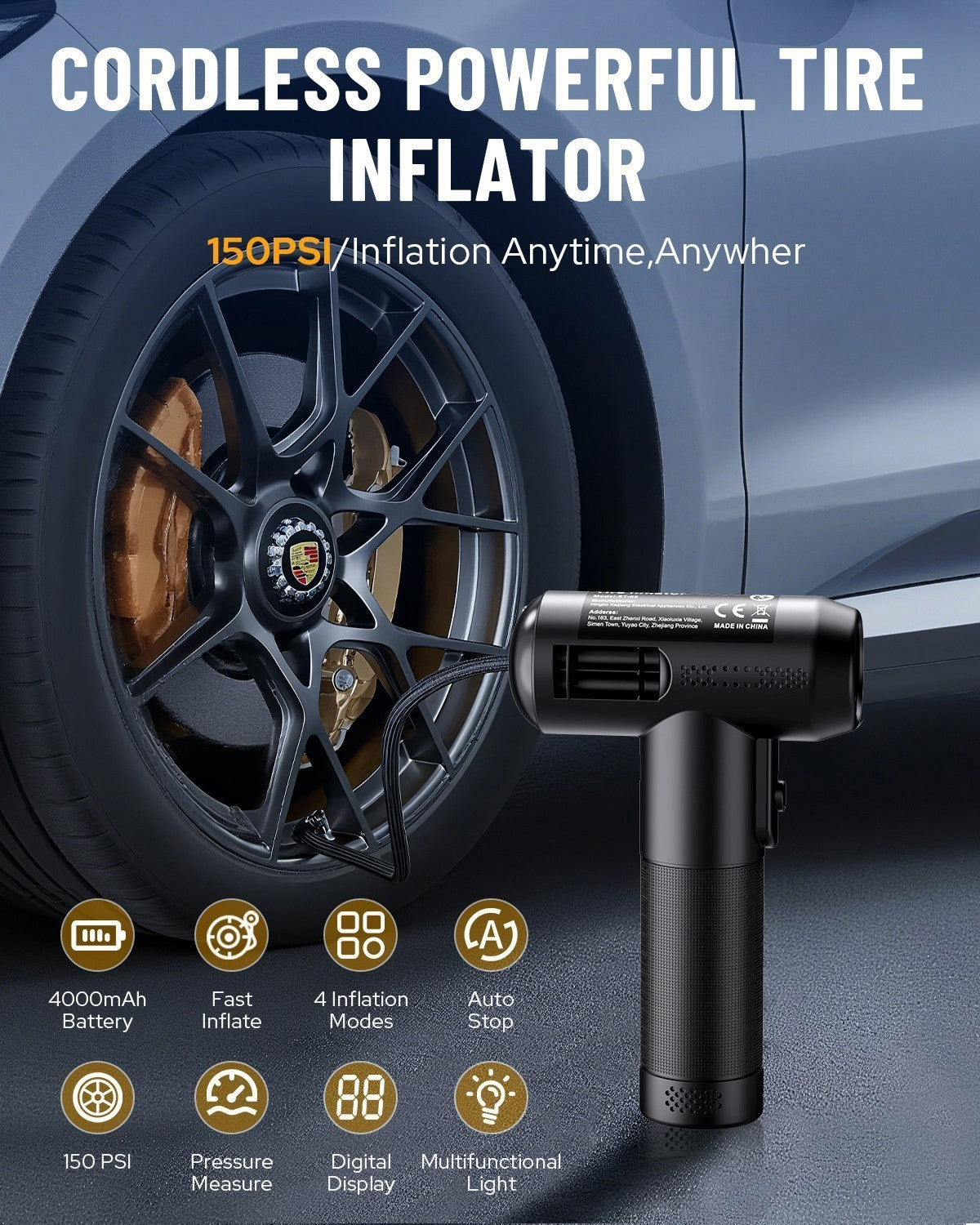 Car Air Compressor USB Rechargeable Cordless Tire Inflator Portable Air Pump