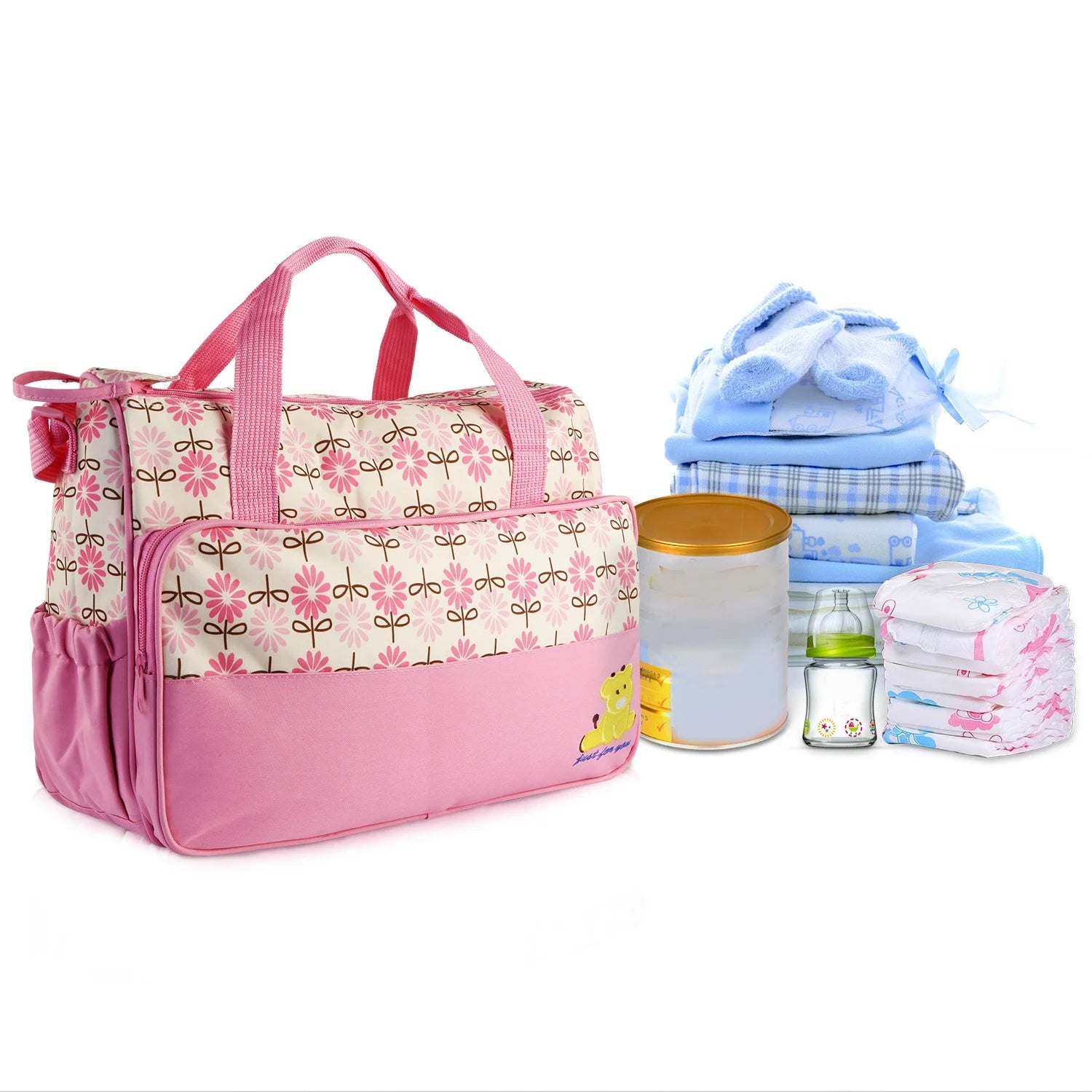 Baby Diaper Bag 5 Pcs Toddler Diaper Bag Tote Multifunction Portable Baby Bag for Boys and Girls Pink