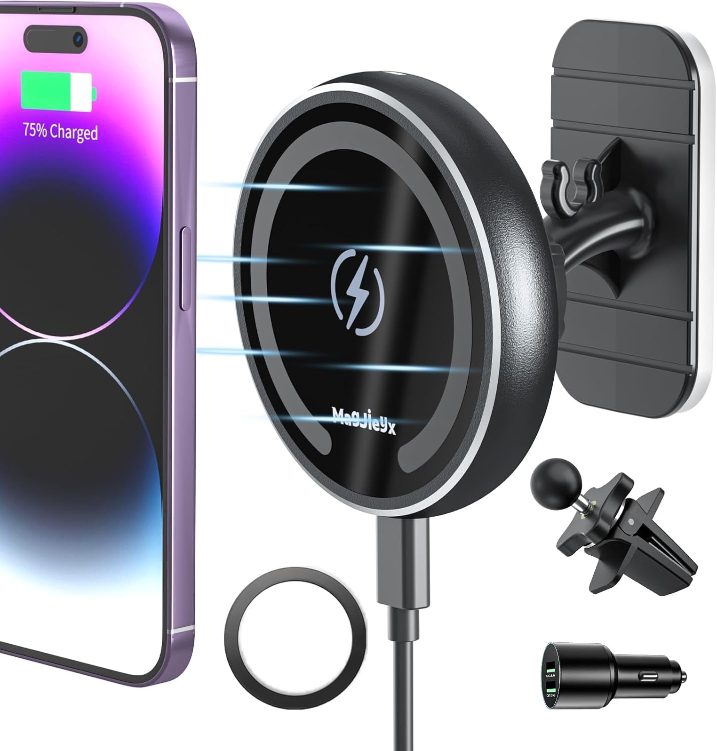 MAGJIEYX for Magsafe Car Mount Charger for Magnetic Wireless Charging for Iphone12/13/14/15/16Pro,Pro Max,Plus,Mini,Vent&Dashboard Strong Magnets Phone Holder with Fast 36W QC 3.0 Adapter(Dark Black)
