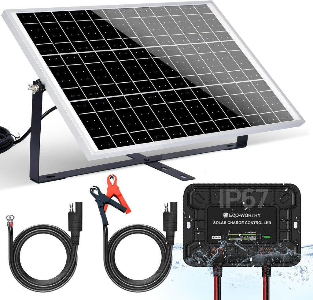 ECO-WORTHY 25 Watts 12V off Grid Solar Battery Charger Kit: Waterproof Solar Panel + Adjustable Mount Bracket + SAE Connection Cable +10A Charge Controller for Car RV Marine Boat 12V Battery