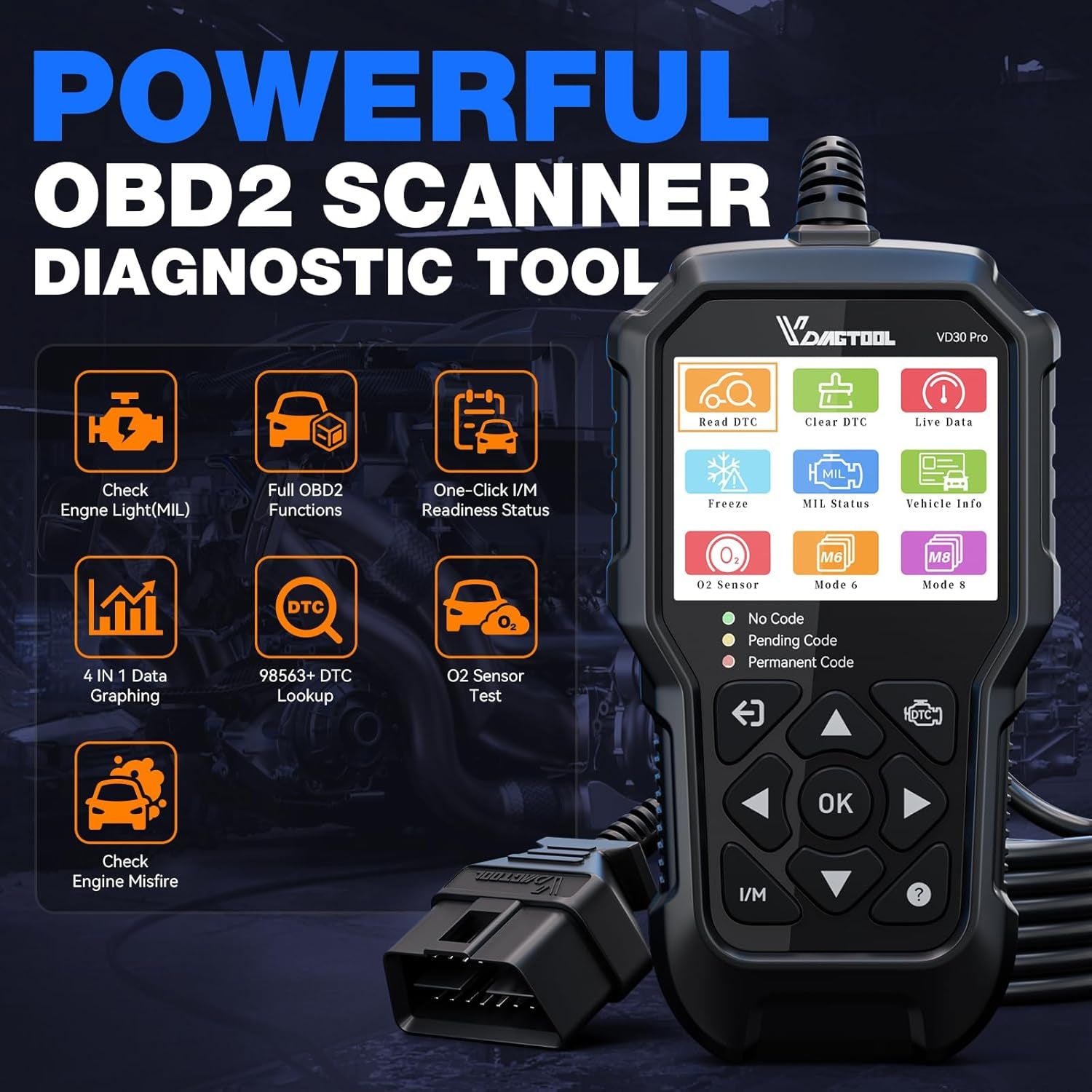 VDIAGTOOL VD30 Pro Car Code Reader, OBD2 Scanner Diagnostic Tool for Cars and Trucks, Check Engine Code Reader, OBD2 Scanner with Reset, Escaner Automotriz I/M Readiness for All OBDII Vehicles