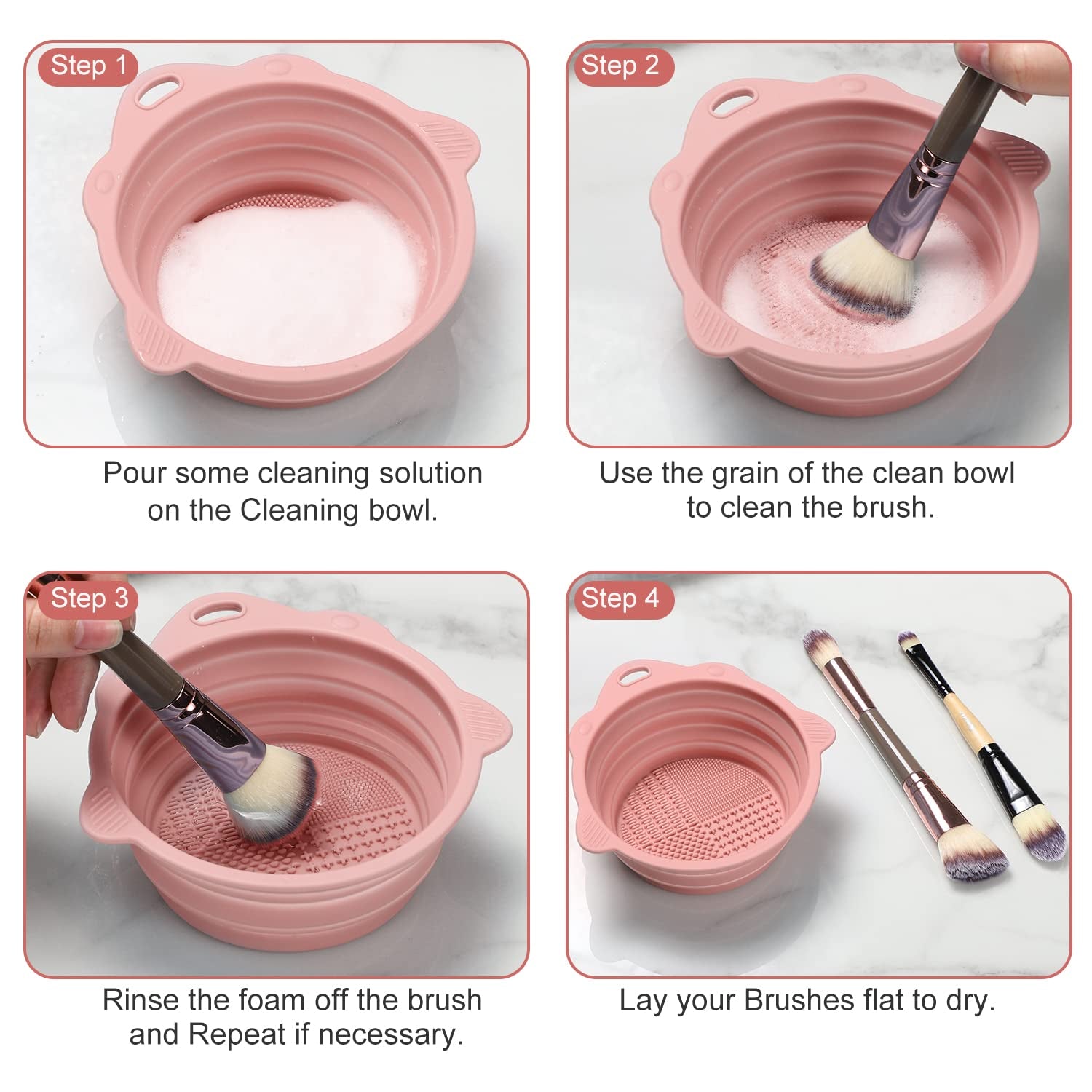 Etercycle Portable Foldable Silicone Makeup Brush Cleaner Bowl - Perfect for Brushes, Powder Puffs, and Sponges (Pink)