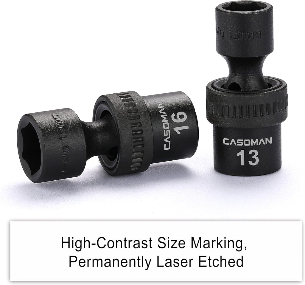 CASOMAN 15-Piece 3/8" Drive Metric Universal Impact Socket Set - 6-Point, 8mm to 22mm