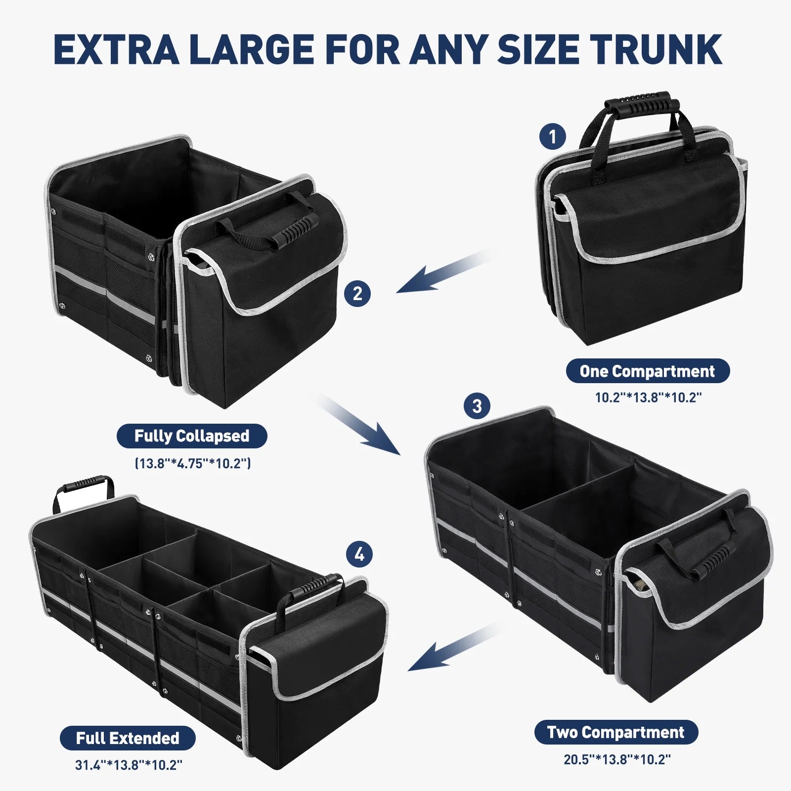 Car Storage Organizer, Collapsible Multi Compartment SUV Trunk Organizer with Leakproof Insulated Bag, Adjustable Securing Straps, Foldable Cover, Trunk Storage Box for Car, SUV, Truck, or Van