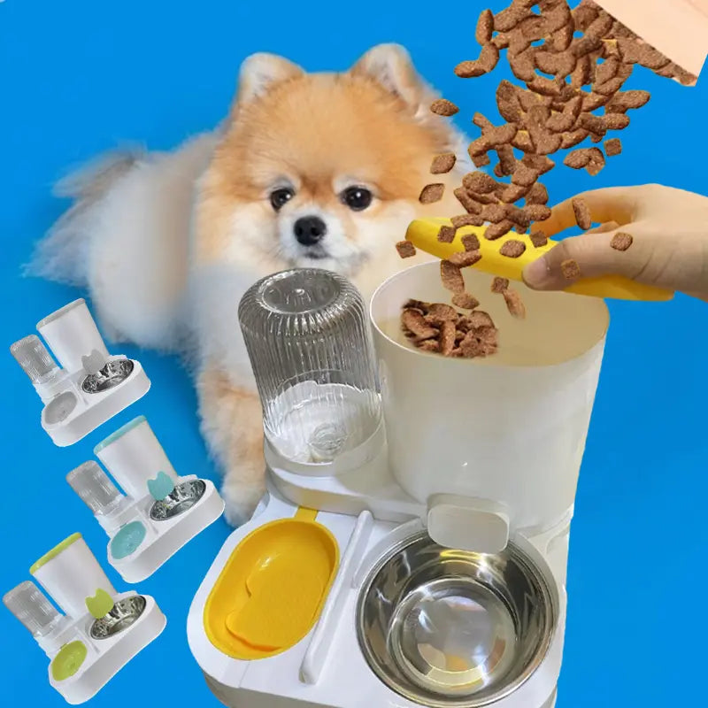 Automatic Pet Feeder and Water Dispenser with Integrated Round Plastic Bowl for Cat Food Storage