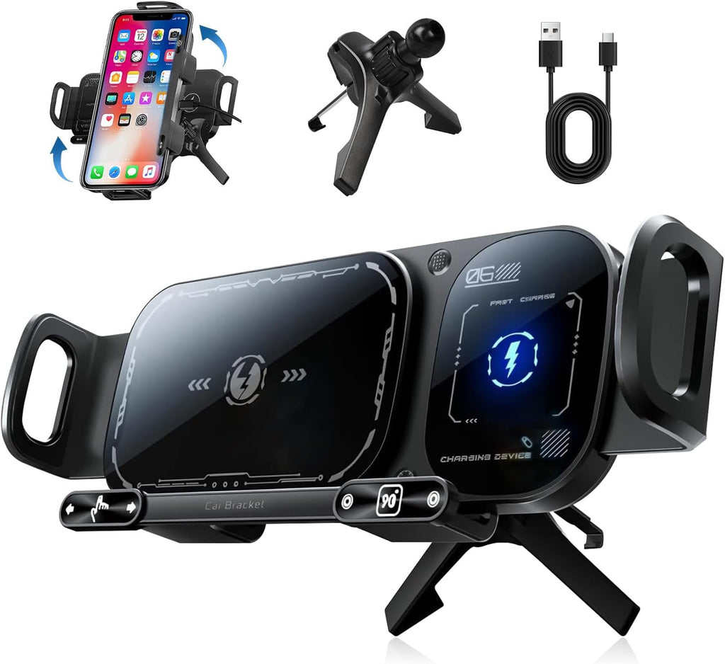 Wireless Charging Rotating Car Mount, 15W Fast Charger with Auto Clamping, One-Click 90° Rotation, 360° Rotation, Anti-Shake Technology, Foldable Phone Fit