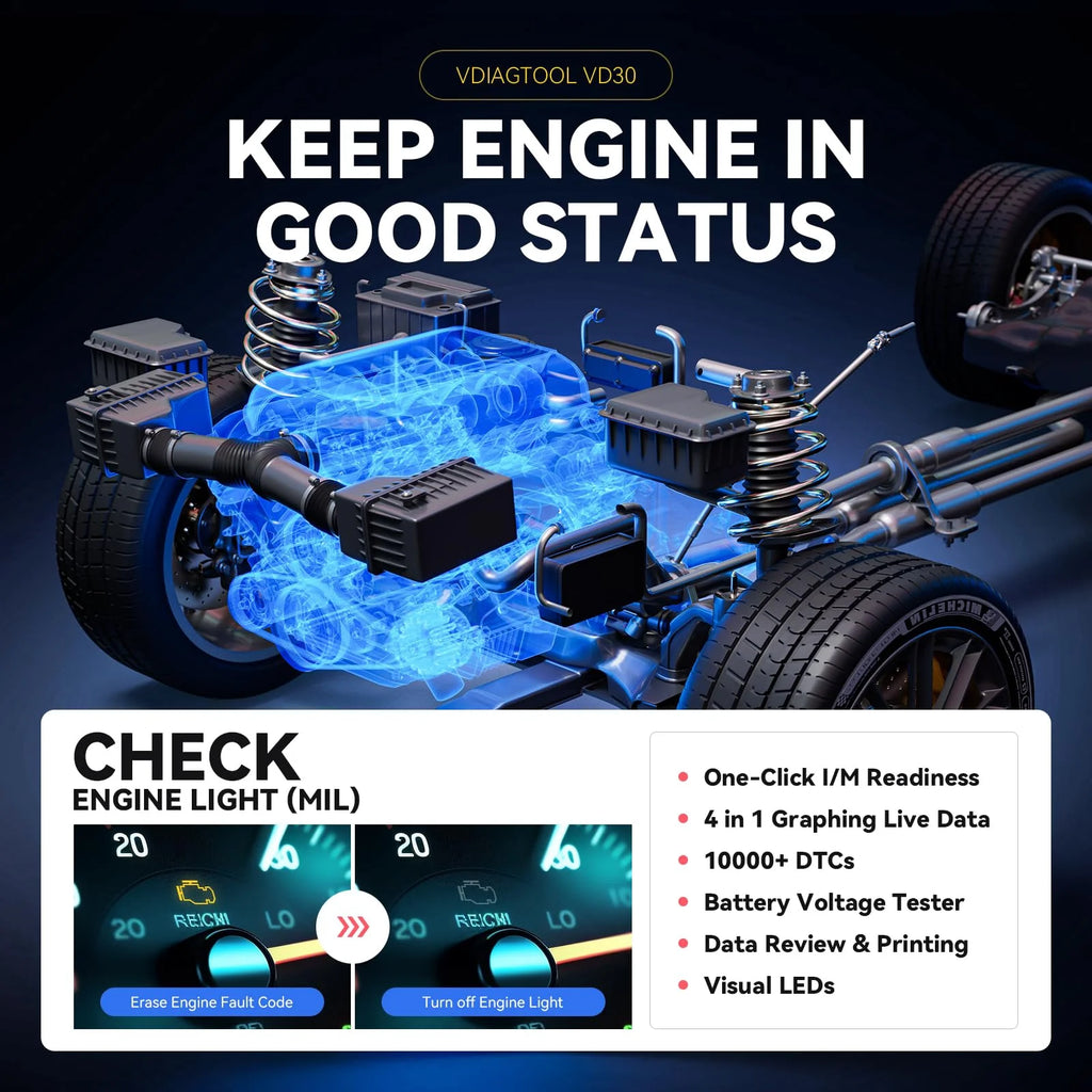VDIAGTOOL VD30 Enhanced OBD2 Scanner, Universal Check Engine Light Car Code Reader, Auto Diagnostic Tool for All OBDII Vehicles, Free Update