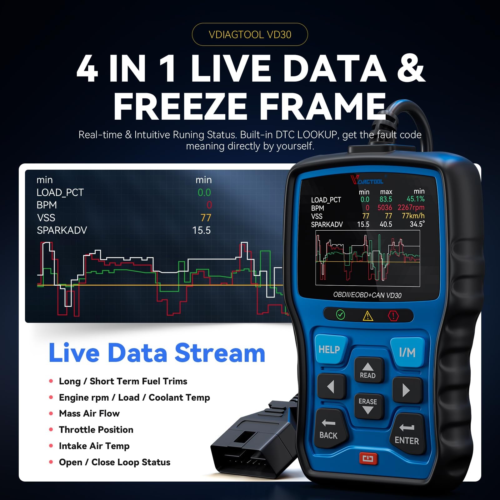 VDIAGTOOL VD30 Enhanced OBD2 Scanner, Universal Check Engine Light Car Code Reader, Auto Diagnostic Tool for All OBDII Vehicles, Free Update