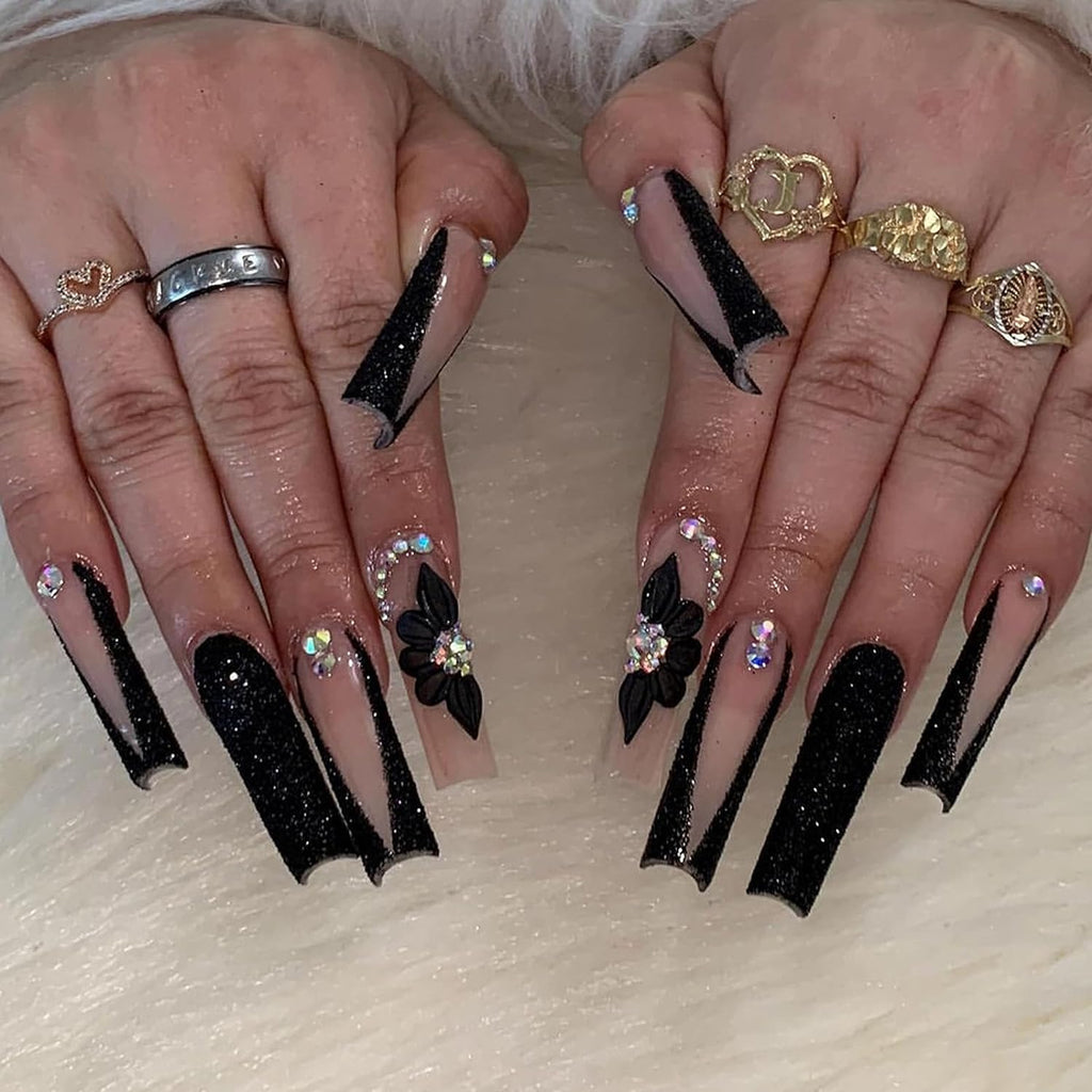 MISUD Long Square Press-On Nails - Black French Tip with Acrylic Flower Rhinestone Design, 24 Pcs