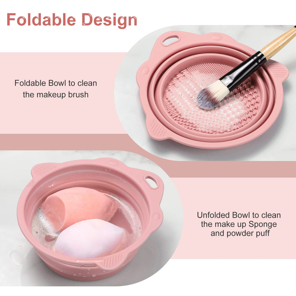 Etercycle Portable Foldable Silicone Makeup Brush Cleaner Bowl - Perfect for Brushes, Powder Puffs, and Sponges (Pink)