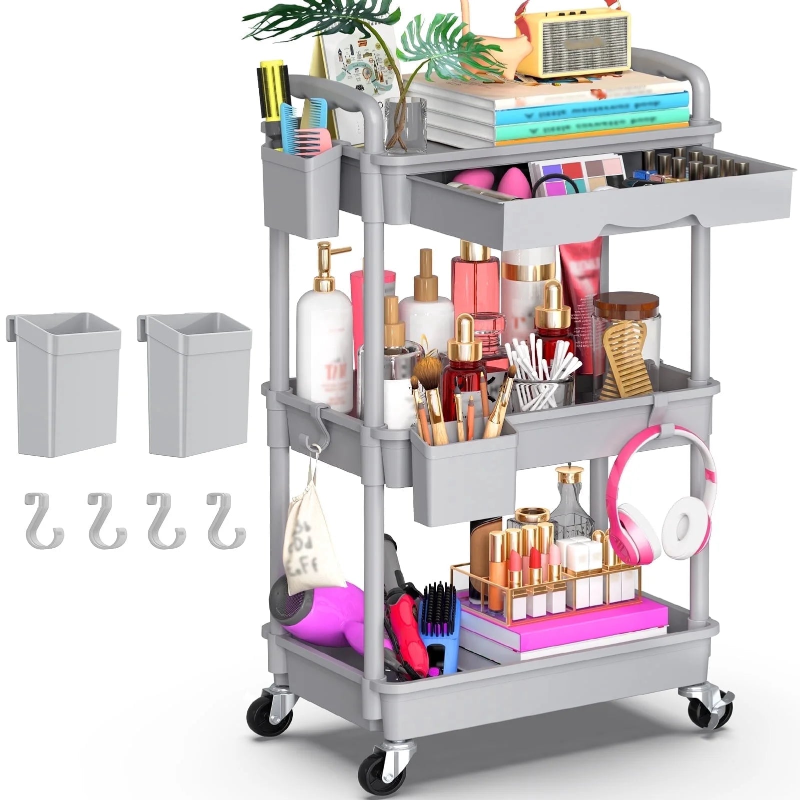 Yeabett 4 Tier Rolling Utility Cart Organizer with Removable Drawer, Mobile Storage Carts with 2 Lockable Wheels for Bathroom, Kitchen, Snack, Craft, Makeup, Baby Essentials，Purple
