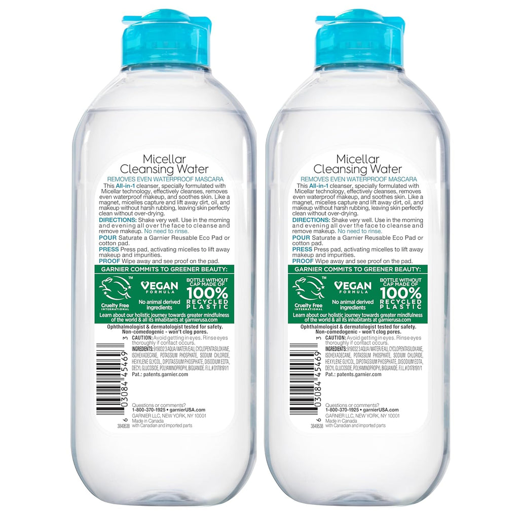 Garnier Micellar Water for Waterproof Makeup, Hydrating Facial Cleanser & Makeup Remover, Suitable for Sensitive Skin, Vegan, Cruelty Free, 13.5 Fl Oz (400Ml), 2 Count