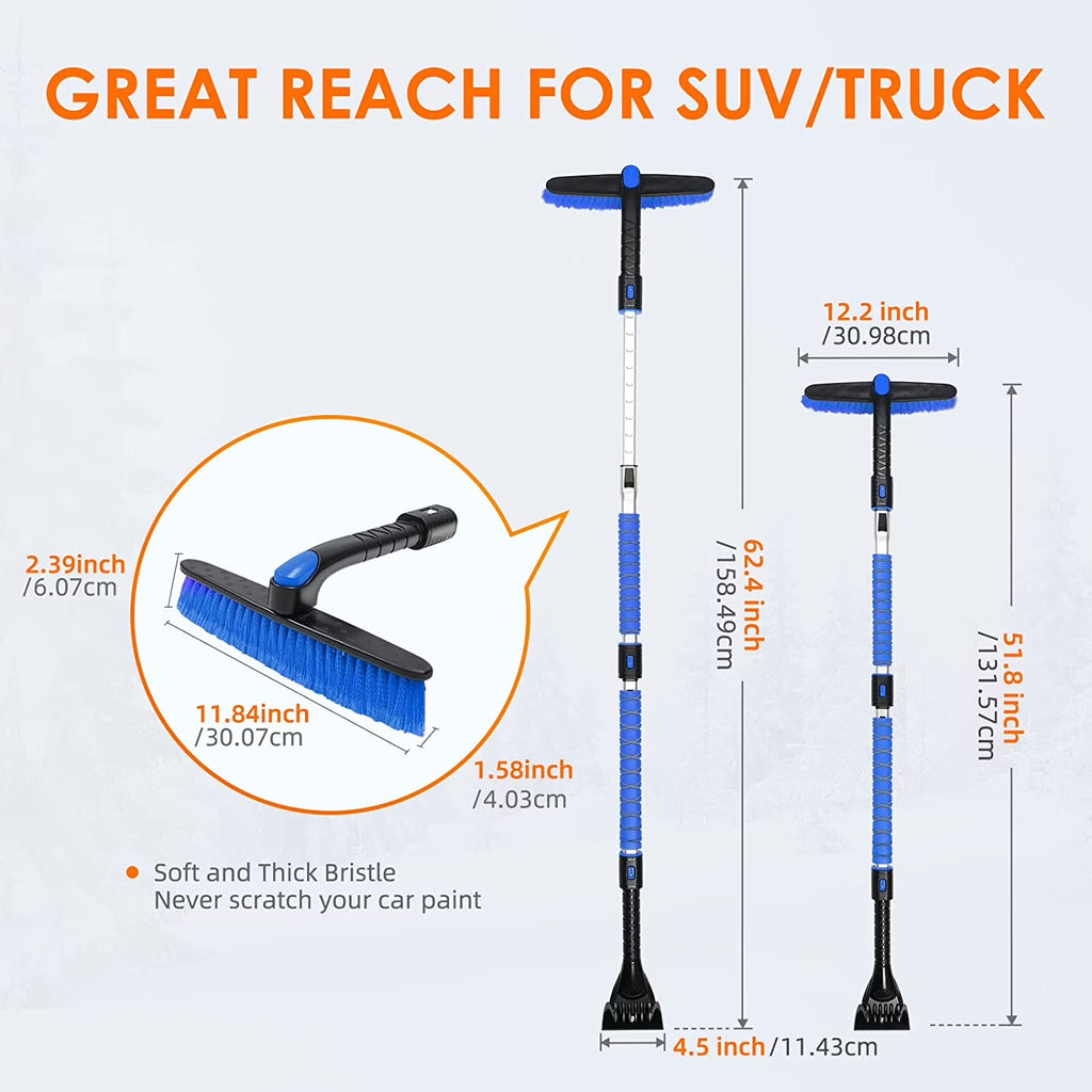 Ice Scraper and Extendable 62.4" Snow Brush, Snow Scraper for Car Windshield with 360° Pivoting Brush Head for Car, Blue