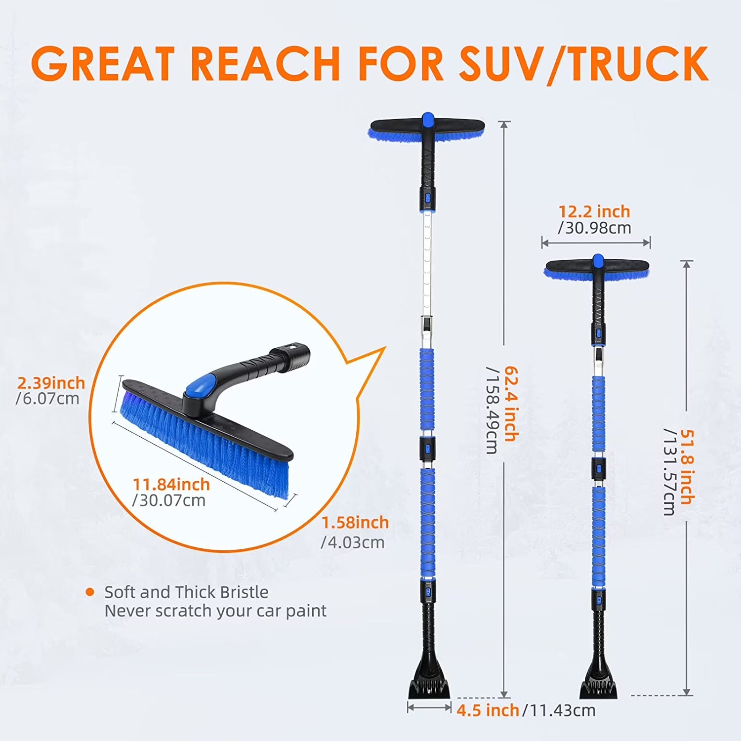 Ice Scraper and Extendable 62.4" Snow Brush, Snow Scraper for Car Windshield with 360° Pivoting Brush Head for Car, Blue