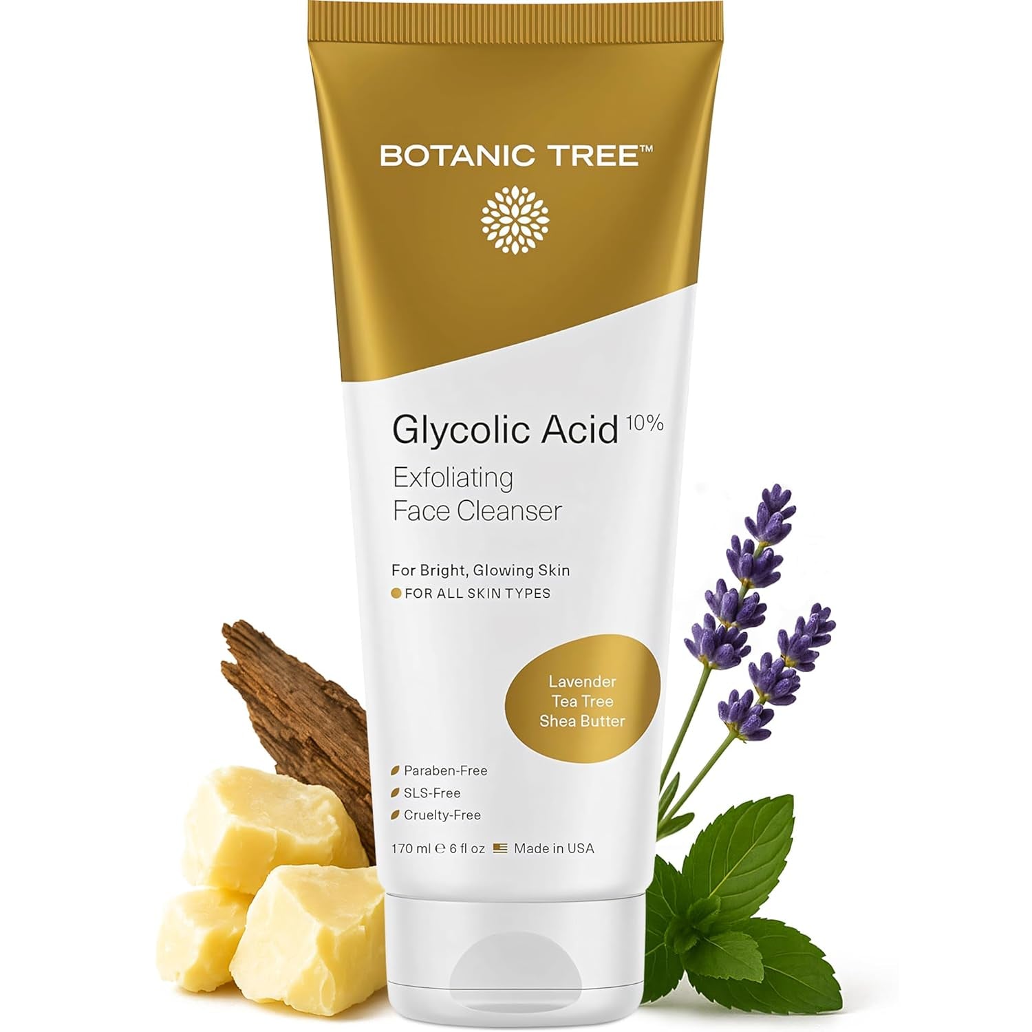 Botanic Tree Glycolic Acid Face Wash - Facial Cleanser and Scrub - 10% Glycolic Acid, AHA - Salicylic Cleanser - 6 Fl. Oz