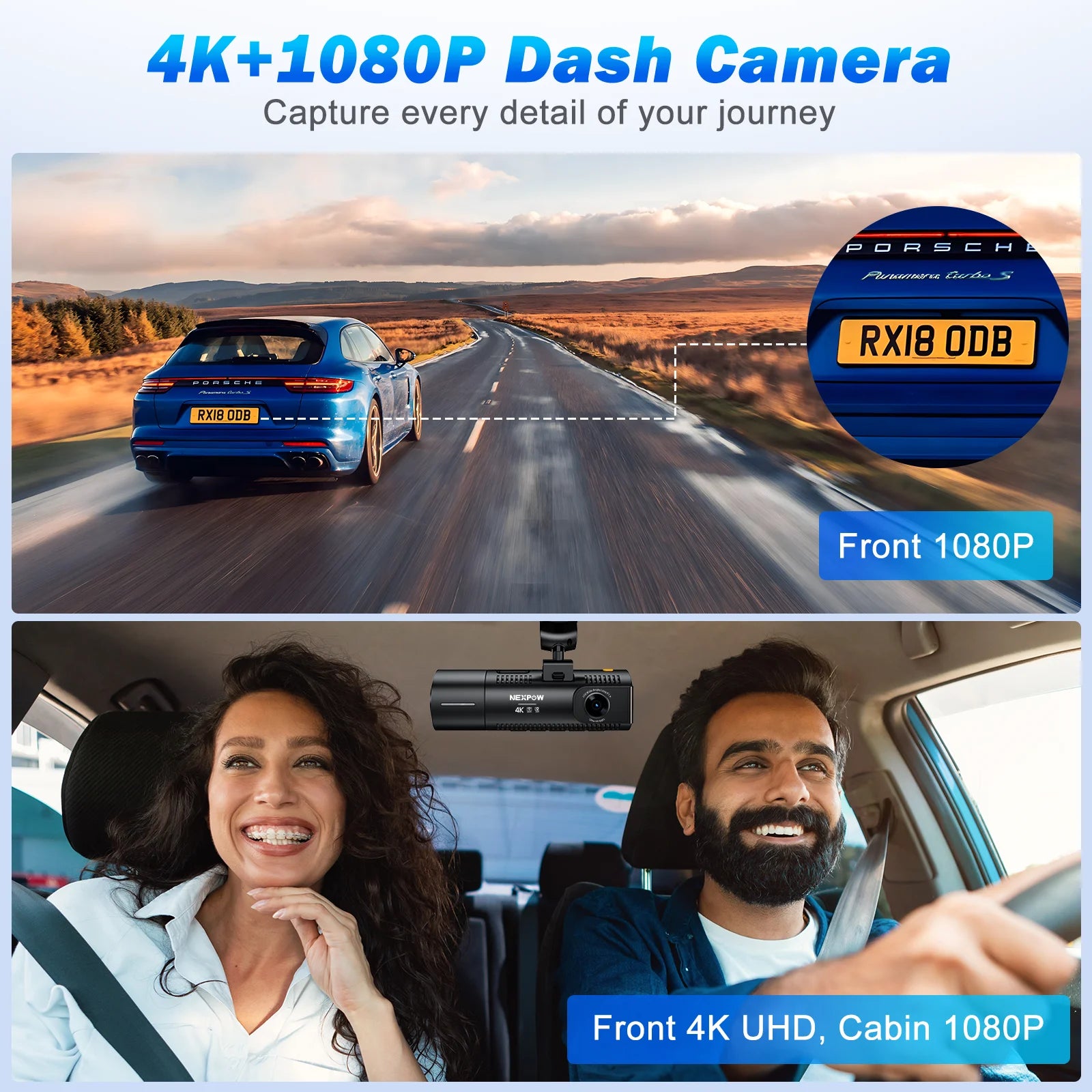 NEXPOW Dash Cam Front and Rear, 4K Full HD Dash Camera with Built-In Wifi GPS, Super Night Vision, WDR, 24H Parking Mode, 32GB Card Included