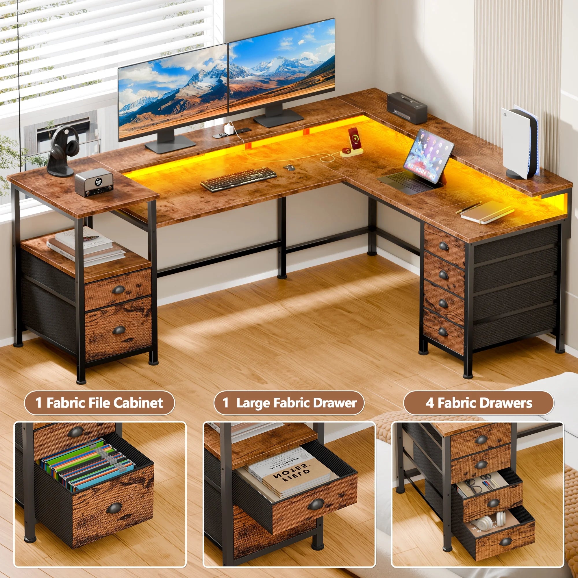 Sarifur L Shaped Computer Desk with Charging Station and LED Lights, 66 Inch PC Table Study Desk 6 Drawers for Bedroom,Office Rustic Brown