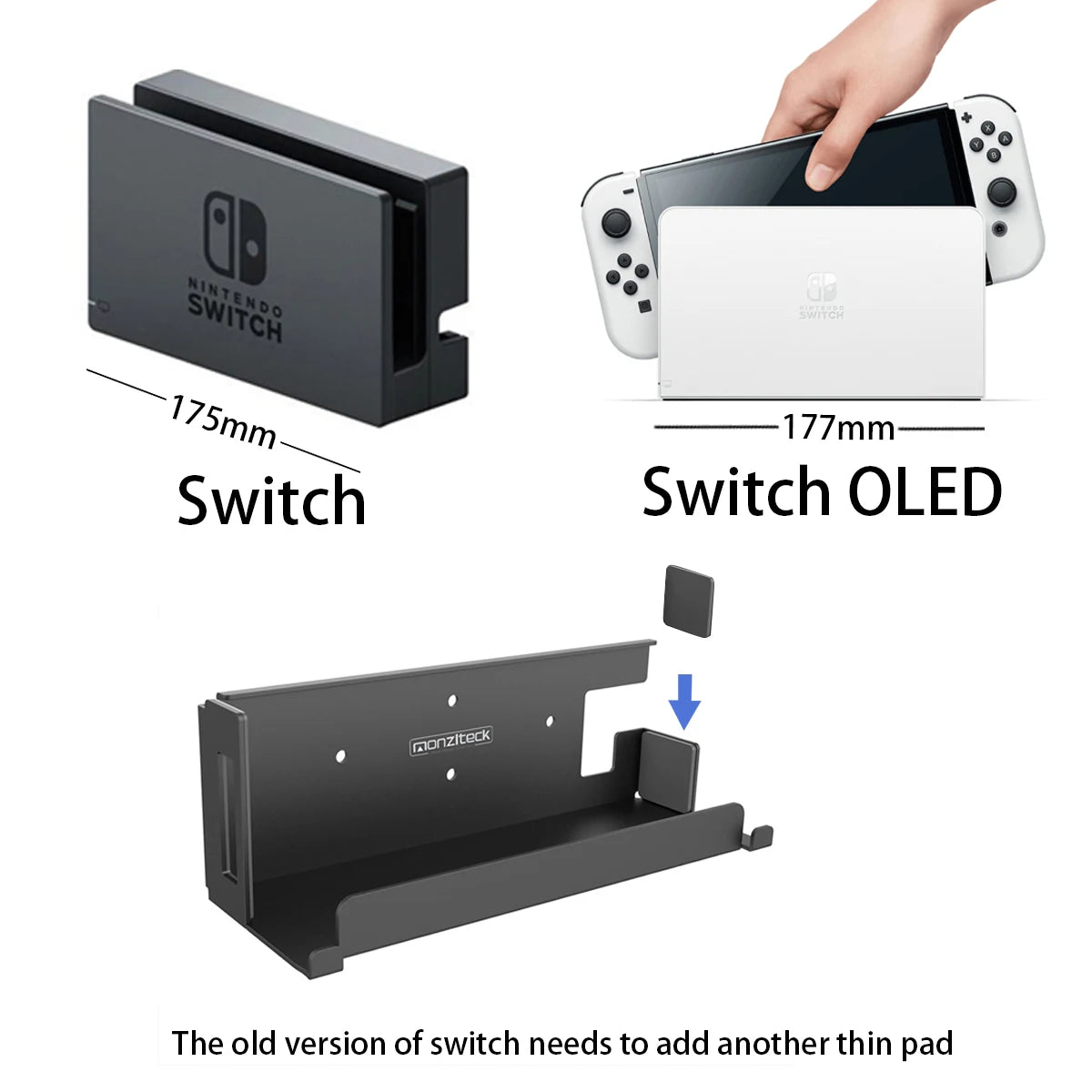 Monzlteck Wall Mount for Nintendo Switch Original and OLED - Gaming Accessories Dock Holder, Metal, Suitable for Placement Near or Behind TV
