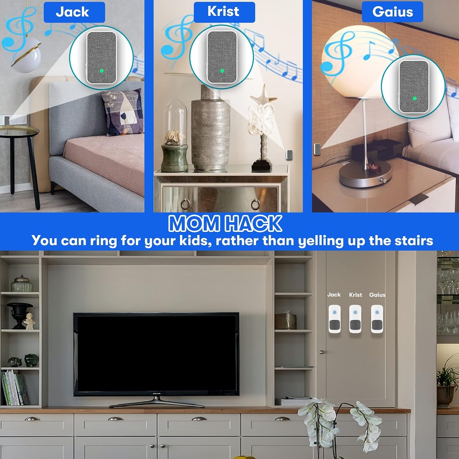 Wireless Doorbell, Remote Door Bell Ringer Wireless Long Range 1300FT with Fabric Finish, Coolqiya Portable Wireless Door Bells with 2Pcs Plug-In Doorbell Chime and 2Pcs Waterproof Ringer Button