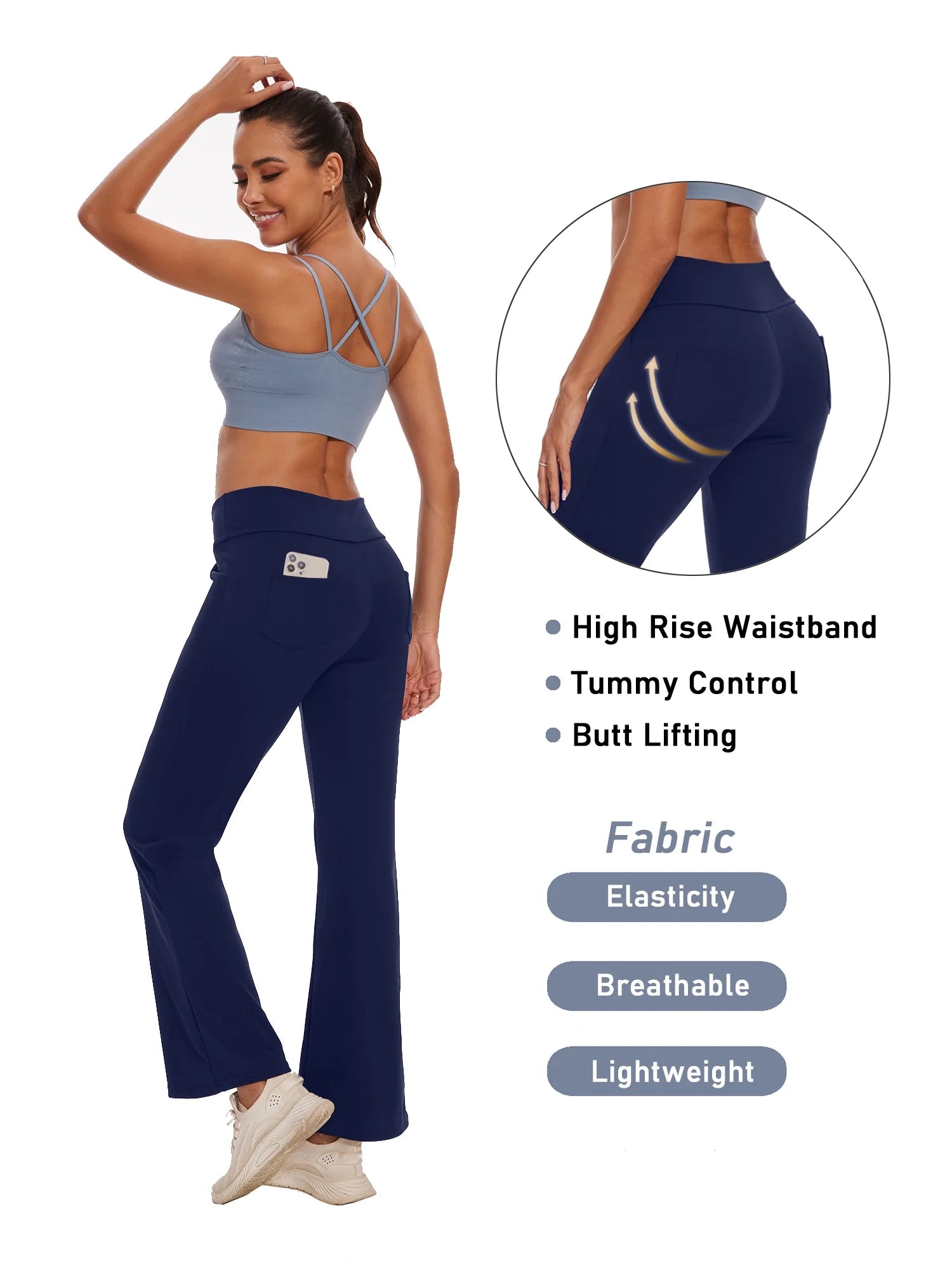 Pantalones De Yoga Bootcut Para Mujer Con Bolsillos, Leggings Acampanados Para Entrenamiento, Cintura Alta, Livianos, Ropa Deportiva, Azul Marino, 3XL