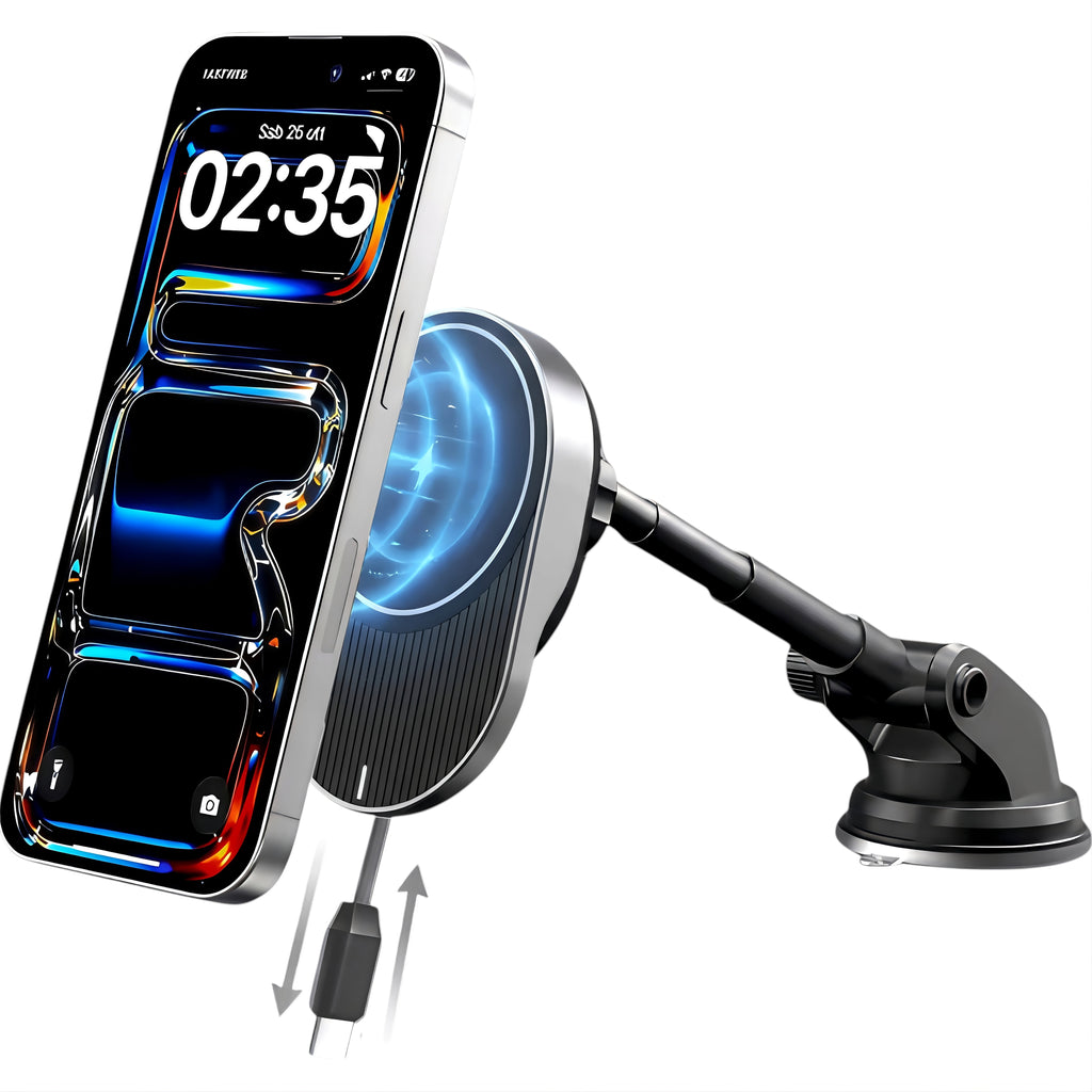 IJS Magnetic Wireless Car Charger with Built-In Retractable Cord and Extendable Windshield Dashboard Phone Mount, Magsafe Compatible, 15W