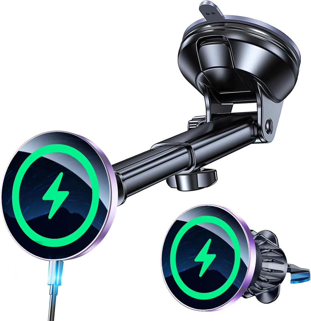 Coolpow for Magsafe Car Mount Charger【Ultra Magnet】 Magnetic Phone Holders for Your Car Charger【Windshield+Vent+Dash】 Magnetic Wireless Car Phone Holder Charger Car Mount for Iphone 17 (Purple)