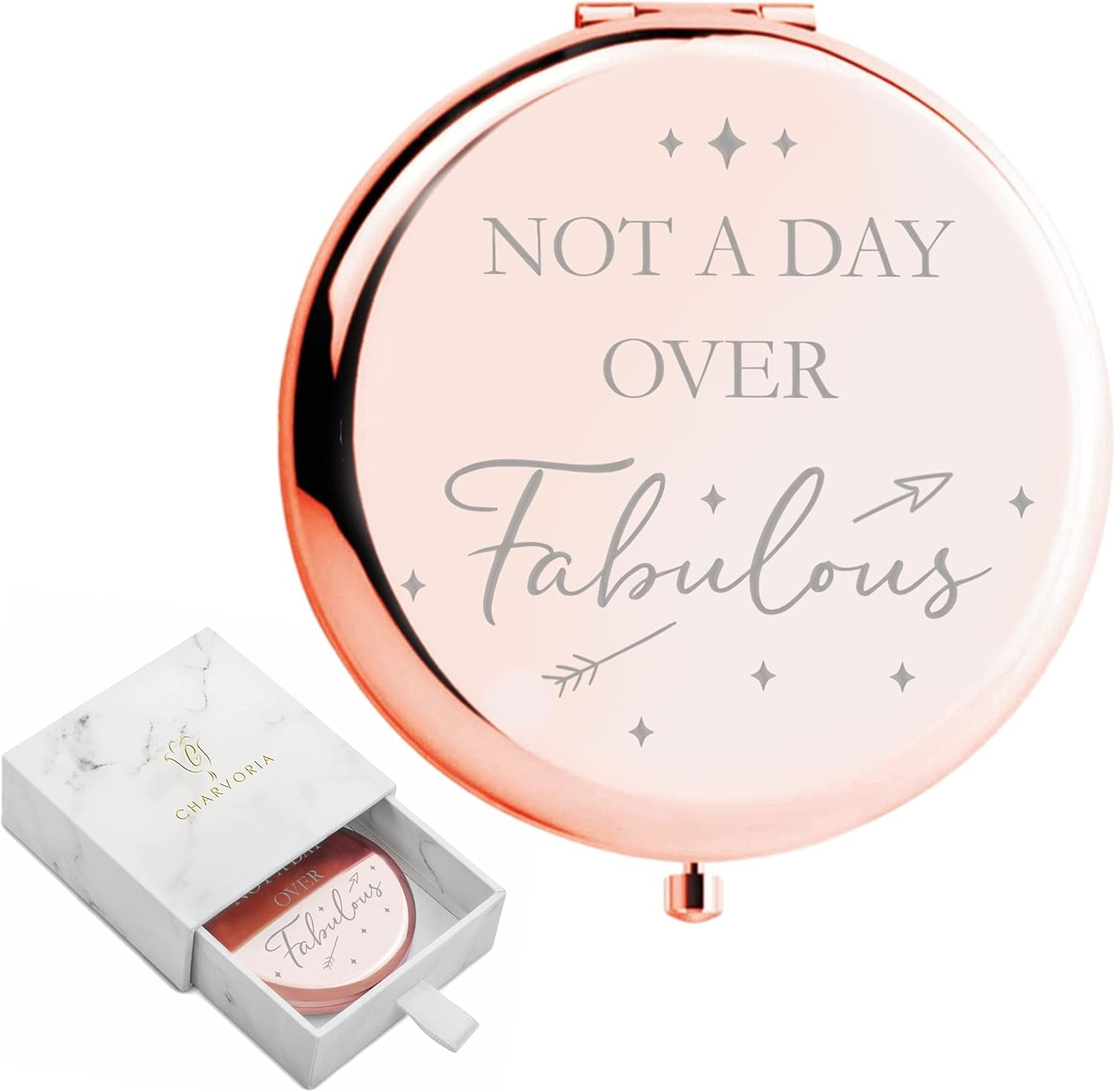 CV CHARVORIA Birthday Gifts for Women - Not a Day over Fabulous Rose Gold Compact Mirror - Birthday Gift Ideas for Friend; Coworker, Aunt, Mom - All Ages Inc. 30Th, 40Th, 50Th 60Th, 70T 80Th