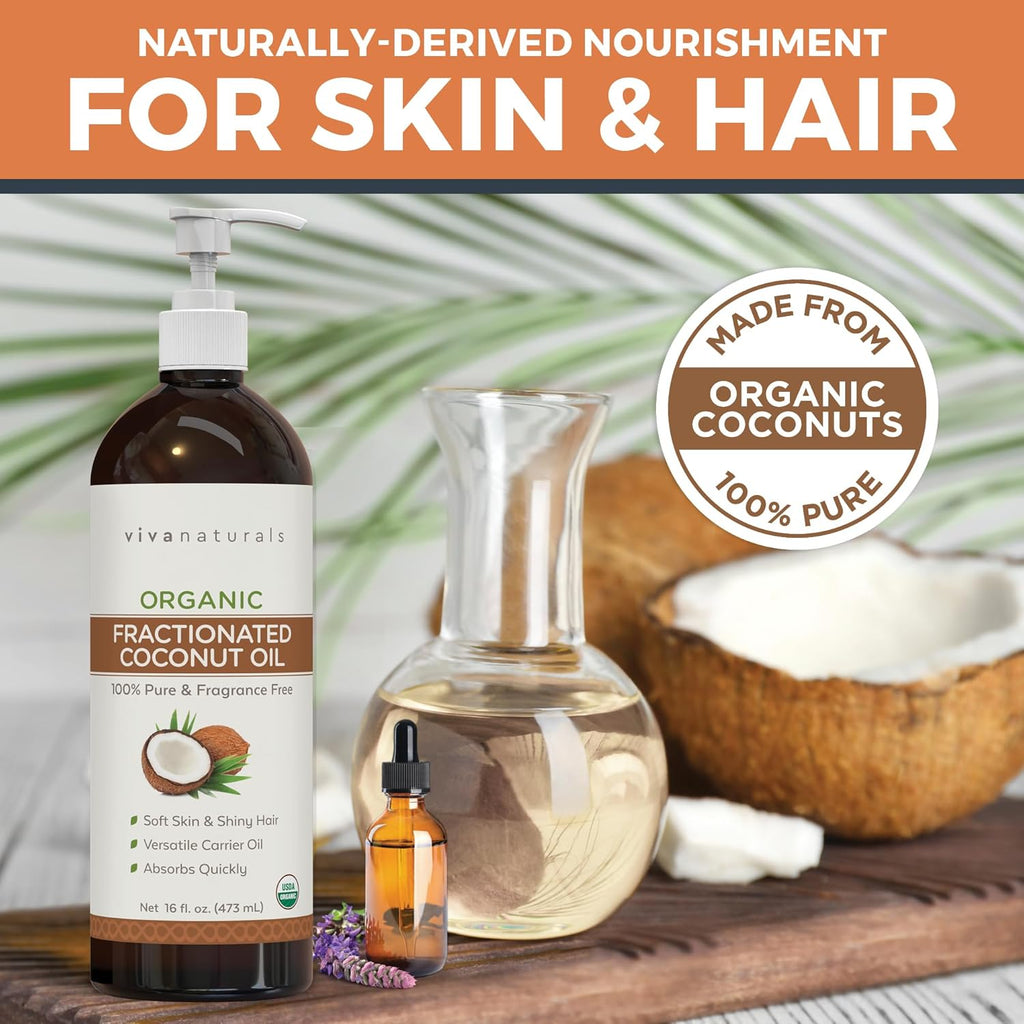 Viva Naturals Organic Fractionated Coconut Oil – 16 Fl Oz Multi-Purpose Moisturizer for Skin, Hair, and Massage, Perfect Carrier Oil for Essential Oils