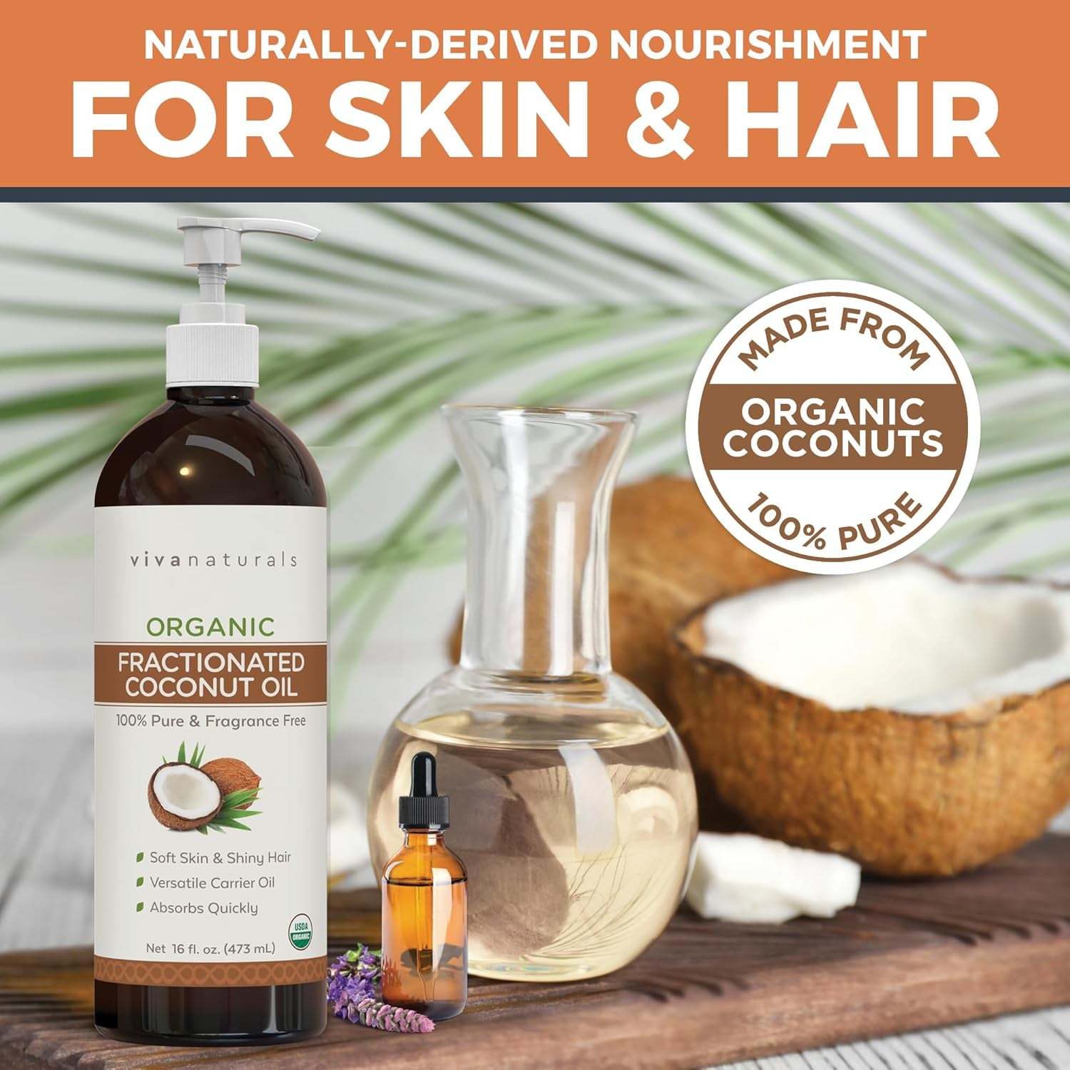 Viva Naturals Organic Fractionated Coconut Oil – 16 Fl Oz Multi-Purpose Moisturizer for Skin, Hair, and Massage, Perfect Carrier Oil for Essential Oils