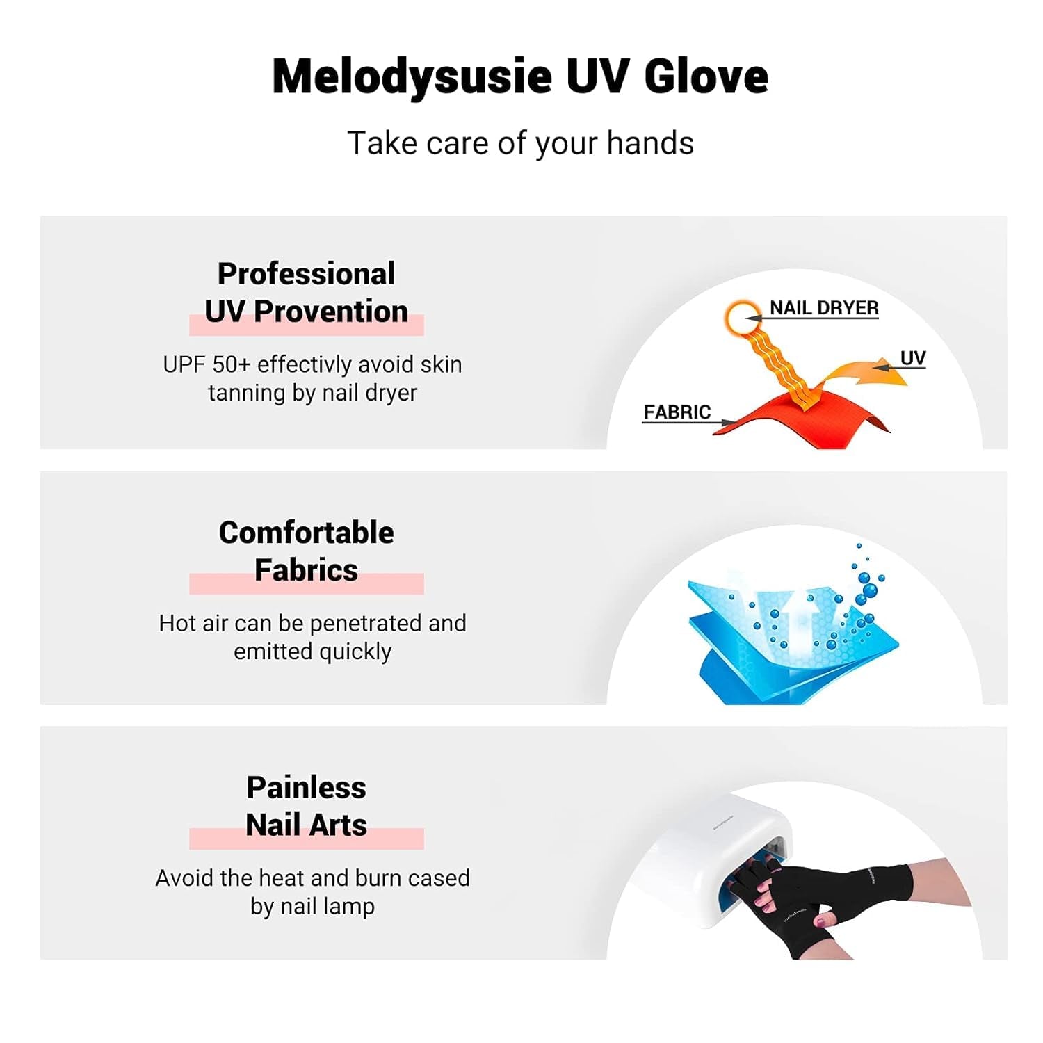 Melodysusie UV Protection Gloves for Gel Nail Lamps - UPF50+ Fingerless Manicure Gloves for Men and Women - Safeguard Your Hands from Sun and Nail Dryer Damage (Black)