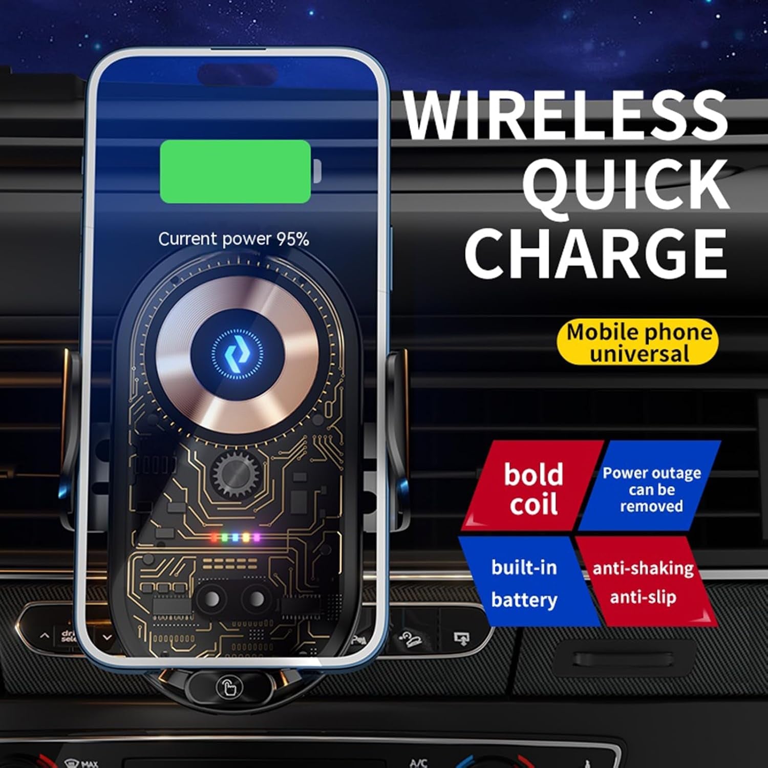 Wireless Car Charger Car Phone Holder Mount Wireless Charging Transparent Compatible Charging Air Vent Mount Phone Holder Fit for All Android Smartphone(Black)