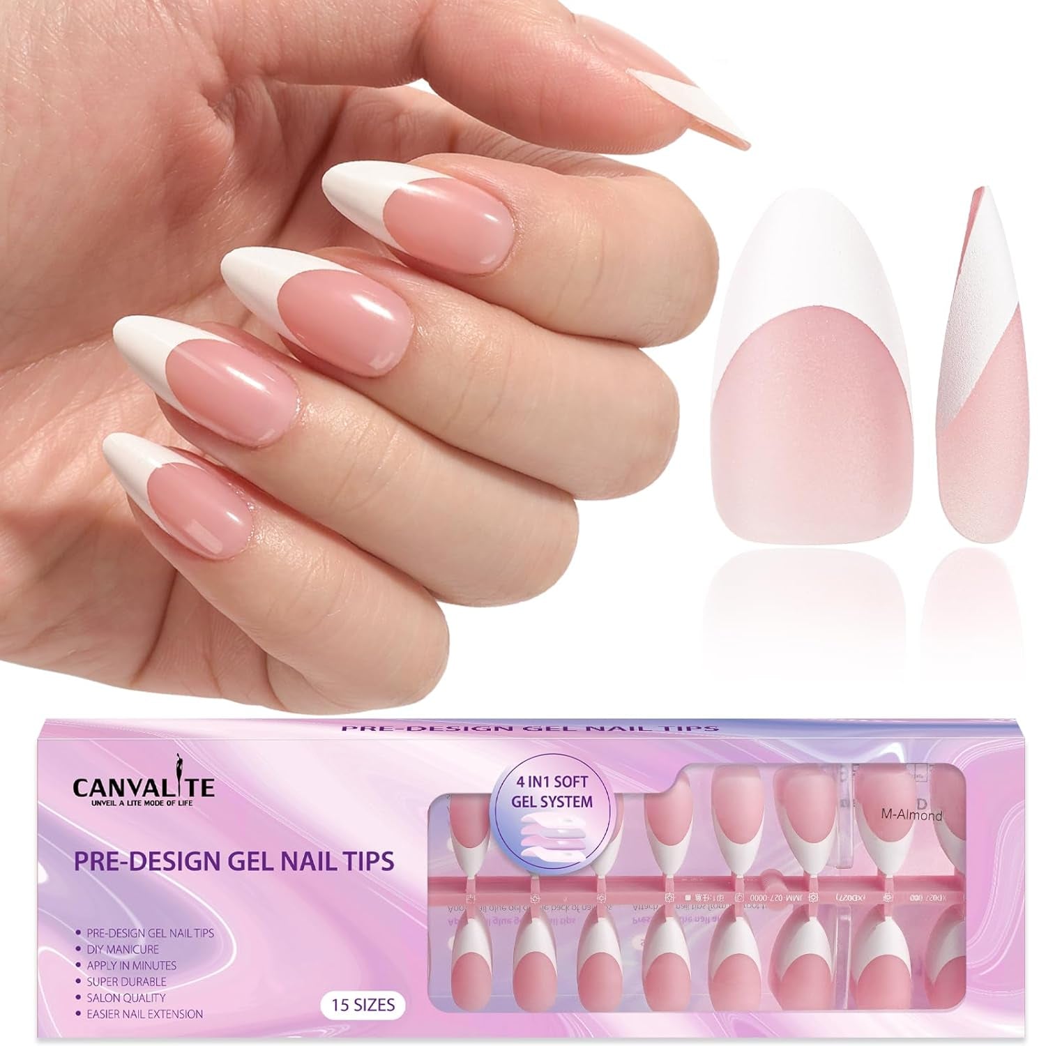 Canvalite 300Pcs French Tip Press on Nails - Pre-Colored Almond Fake Nails with Designs for Quick & Easy DIY Nail Extensions - Perfect Valentines Day Gift in Pink & White