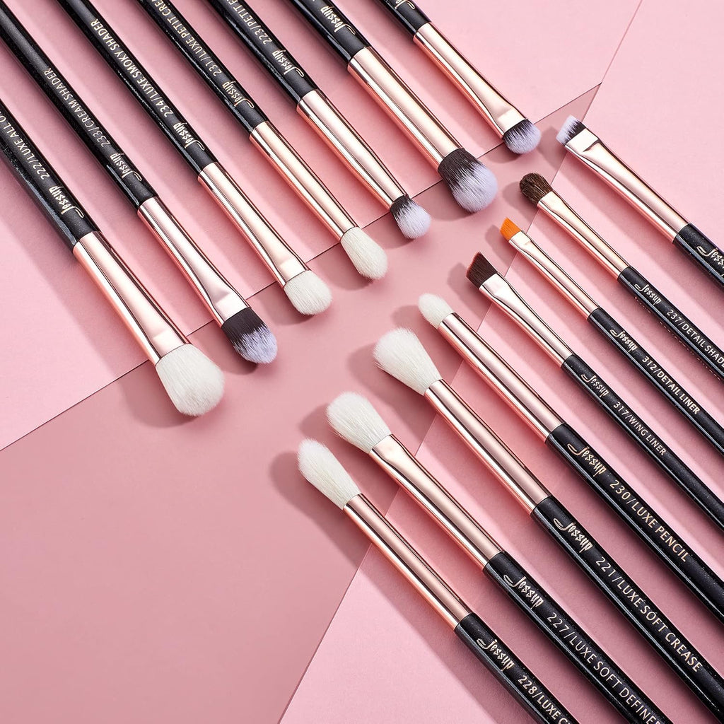 Jessup 15Pcs Professional Makeup Brushes Set Make up Brush Tools Kit Eye Liner Shader Wood Handle Natural-Synthetic Hair Brushes Pearl Black/Rose Gold T157