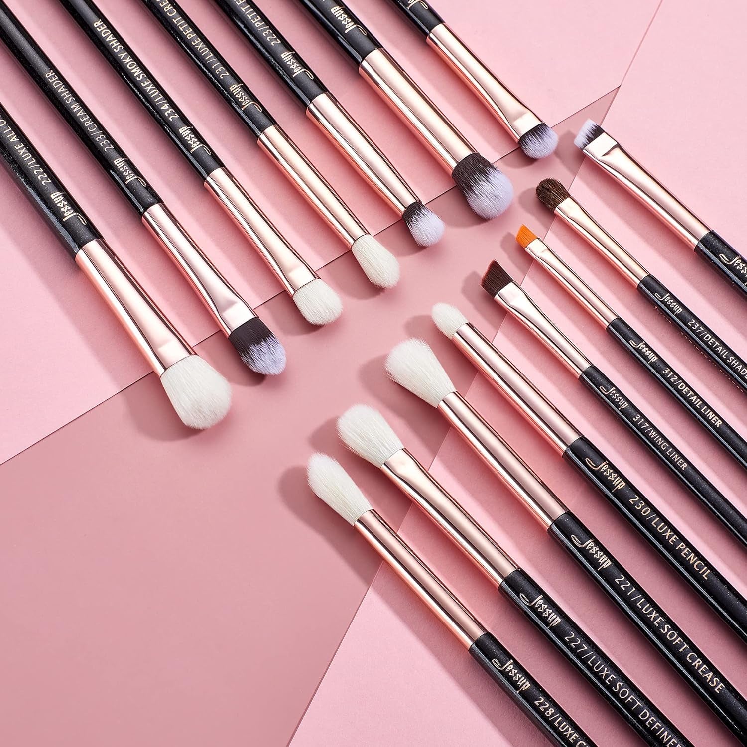 Jessup 15Pcs Professional Makeup Brushes Set Make up Brush Tools Kit Eye Liner Shader Wood Handle Natural-Synthetic Hair Brushes Pearl Black/Rose Gold T157
