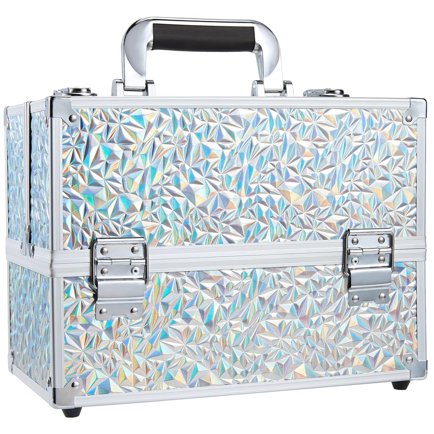 FRENESSA Makeup Train Case Makeup Case 11.8 Inch Large Cosmetic Box Organizer Travel Storage Professional Make up Train Carrying Case with 6 Trays Locking Hard Vanity Storage Black