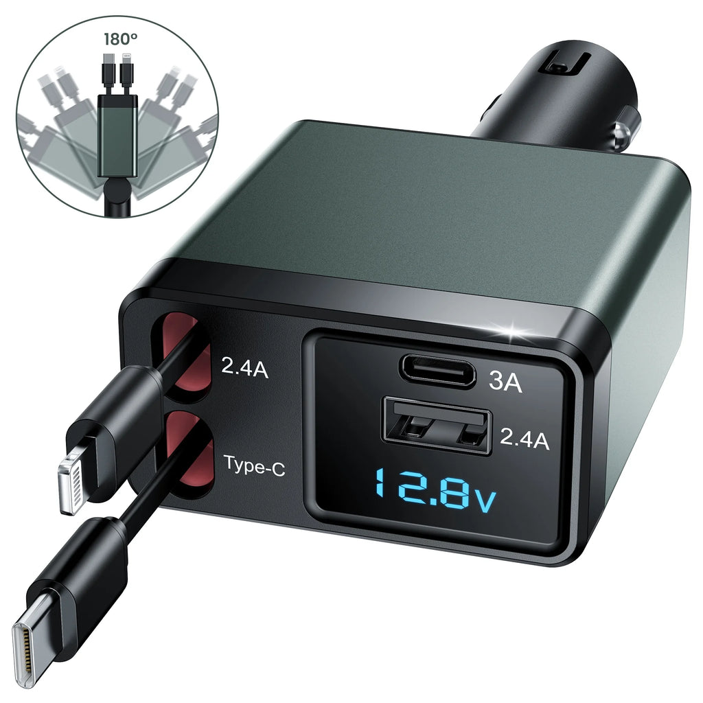 NEXPOW Retractable Car Charger Adapter, 150W Fast Charger for Car, 4 in 1 Car Phone Charger with Cables(2.6Ft), 180° Adjustable,Voltage Display-Green