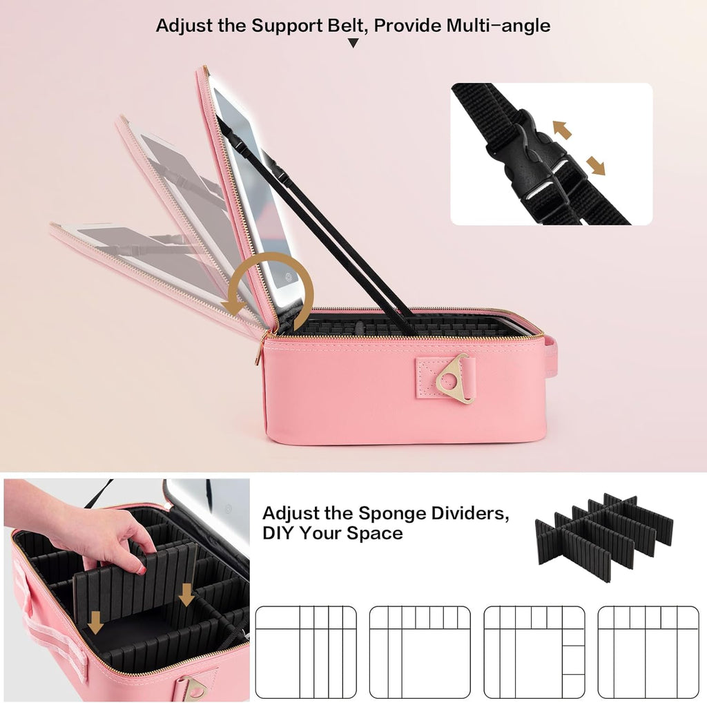 Large Capacity Makeup Bag with LED Mirror - Adjustable Brightness, Travel Organizer with Detachable Dividers & Shoulder Strap