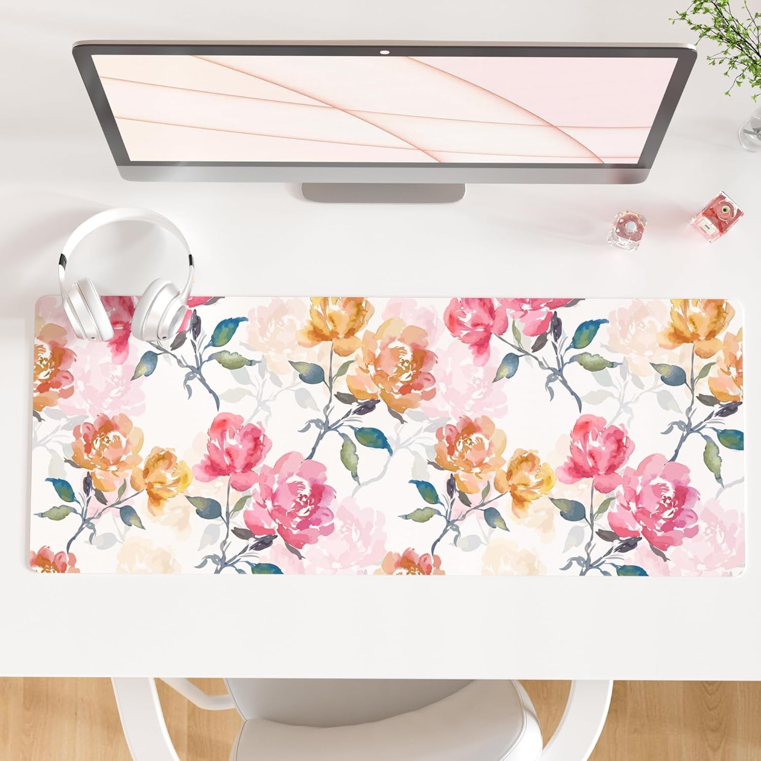 QIYI White Mouse Pad, Cute Marble Large Desk Mat, PU Leather Desk Protector Mousepad, Gold Grey Striped Waterproof Computer Keyboard Gaming Mouse Pads, Non Slip Extended Writing Pad 31.5" X 15.7"