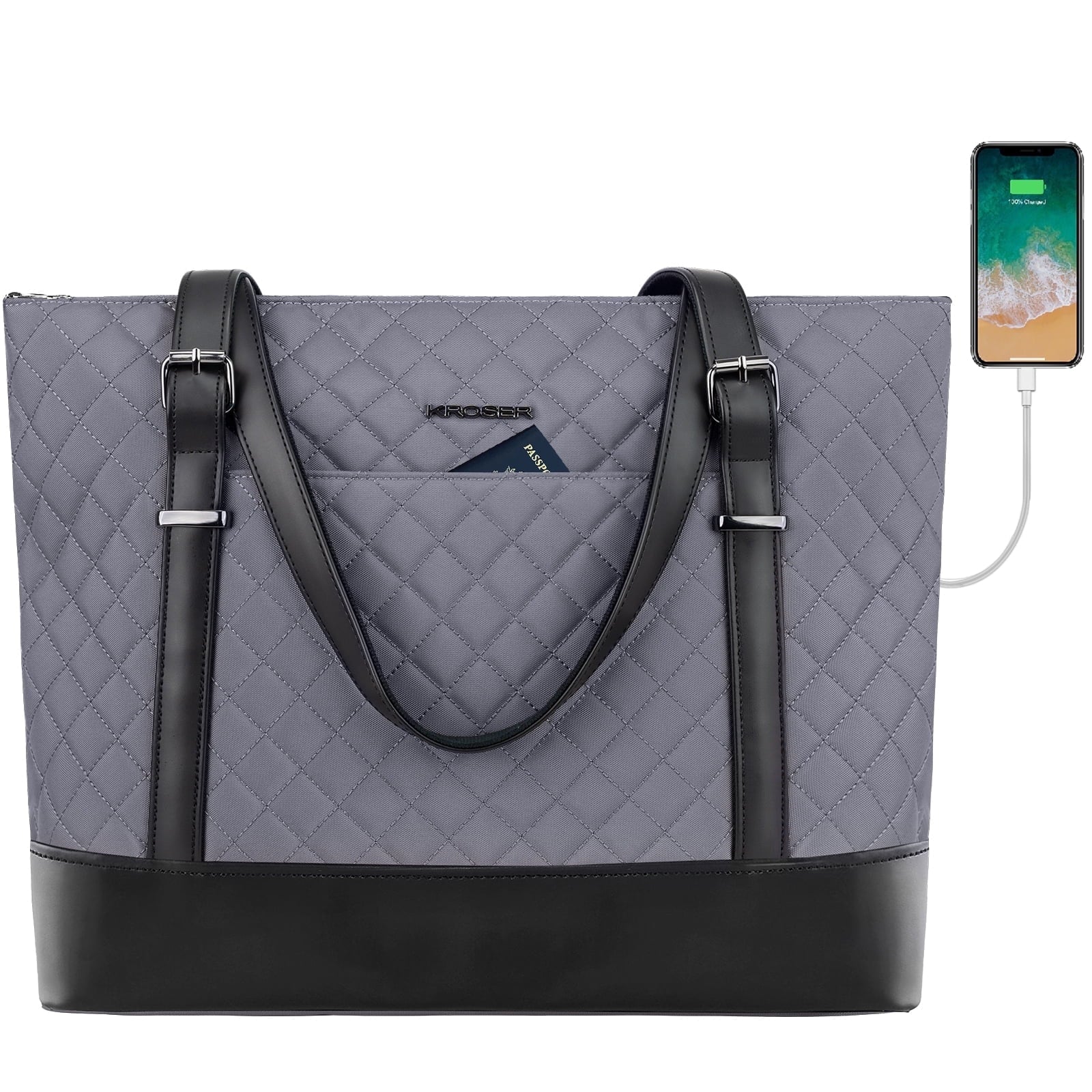 KROSER 15.6" Quilt Laptop Tote Bag, Computer Shoulder Bag, Black