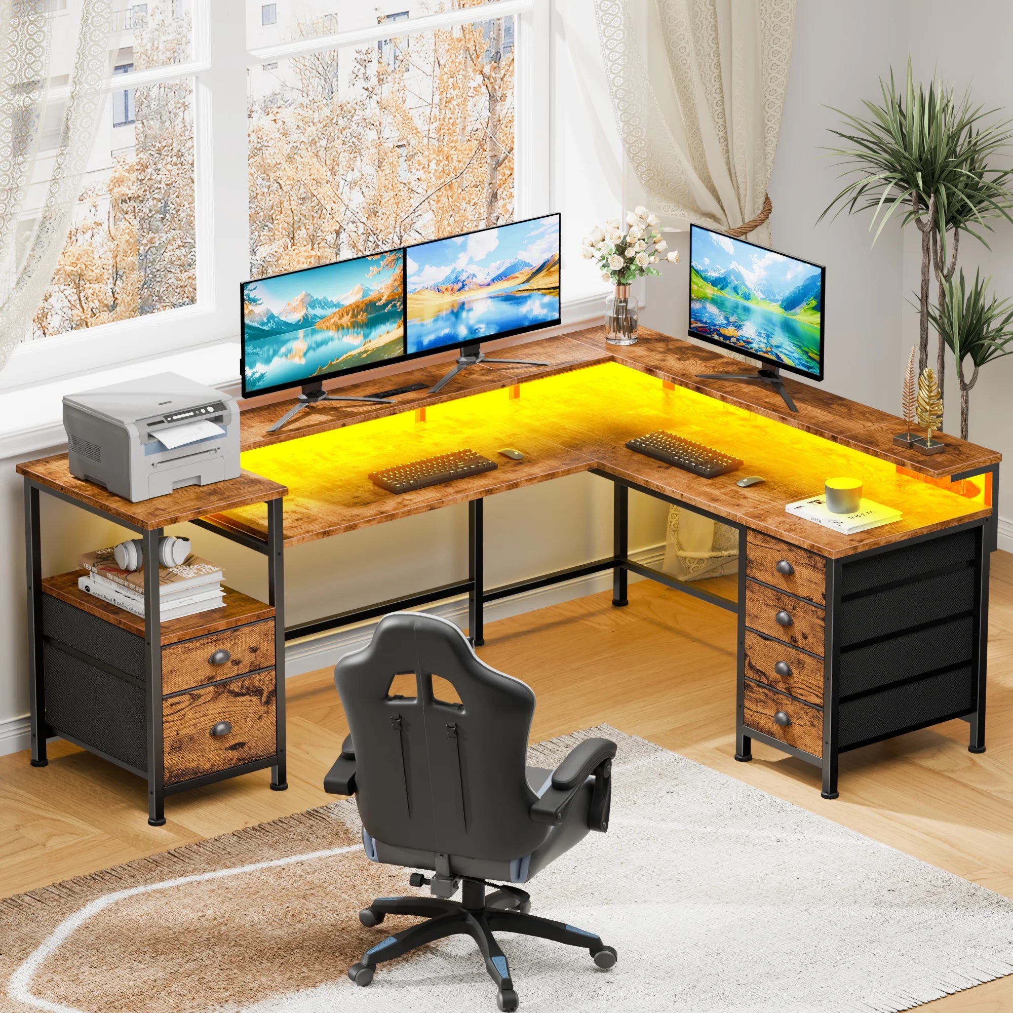 Sarifur L Shaped Computer Desk with Charging Station and LED Lights, 66 Inch PC Table Study Desk 6 Drawers for Bedroom,Office Rustic Brown